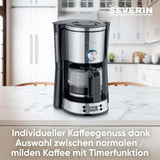 SEVERIN Espressomaschine „TypeSwitch“ mit Glaskaraffe und Timer, AromaSwitch zur Auswahl von 2 Brühoptionen, Digitaluhr mit Timerfunktion, für bis zu 10 Tassen, 1000 W, Edelstahl gebürstet-schwarz, KA 4826
