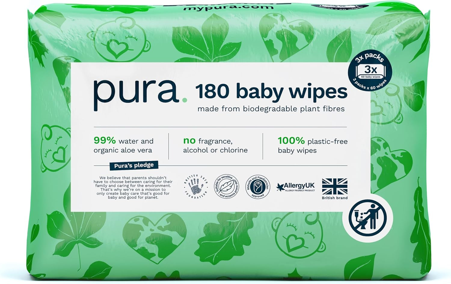Umweltfreundliche Einweg-Babytücher für empfindliche Babyhaut, 70 Tücher (1 Packung), 99 % Wasser, 100 % plastikfrei, für empfindliche Haut, die zu Ekzemen neigt, bei Neugeborenen, biologisch abbaubar, vegan