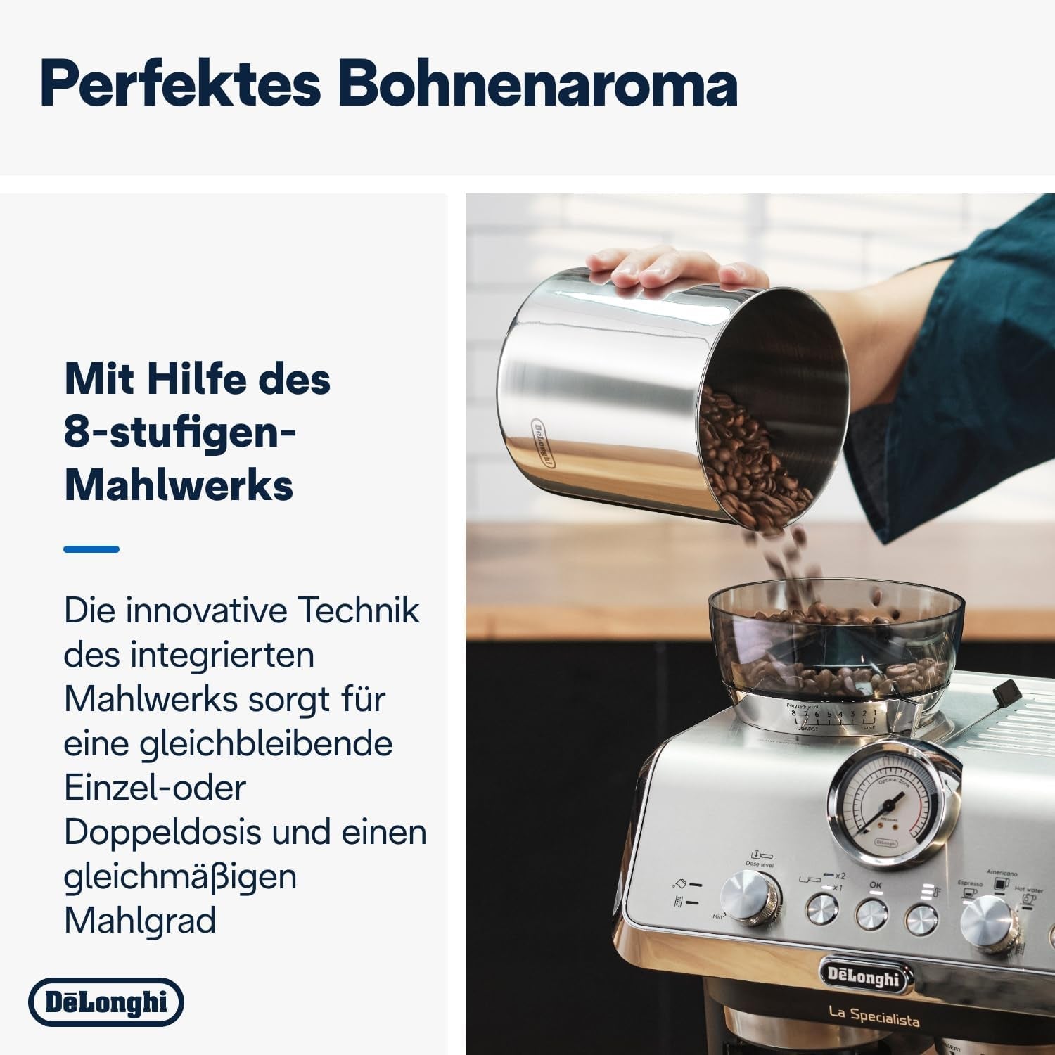De'Longhi La Specialista Arte EC9155.MB Siebträger-Espressomaschine mit Mahlwerk, 8 Mahlgradeinstellungen, 15 bar Druck, 3 Temperatureinstellungen, Milchaufschäumer, 1550 W, 1,7 l Tank, Edelstahl/Schwarz, inklusive Barista-Kit