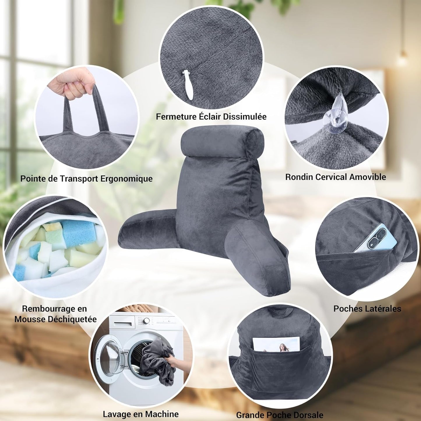 INFANTIA ergonomisches Lesekissen mit Armlehnen, Rückenstütze, groß, grau