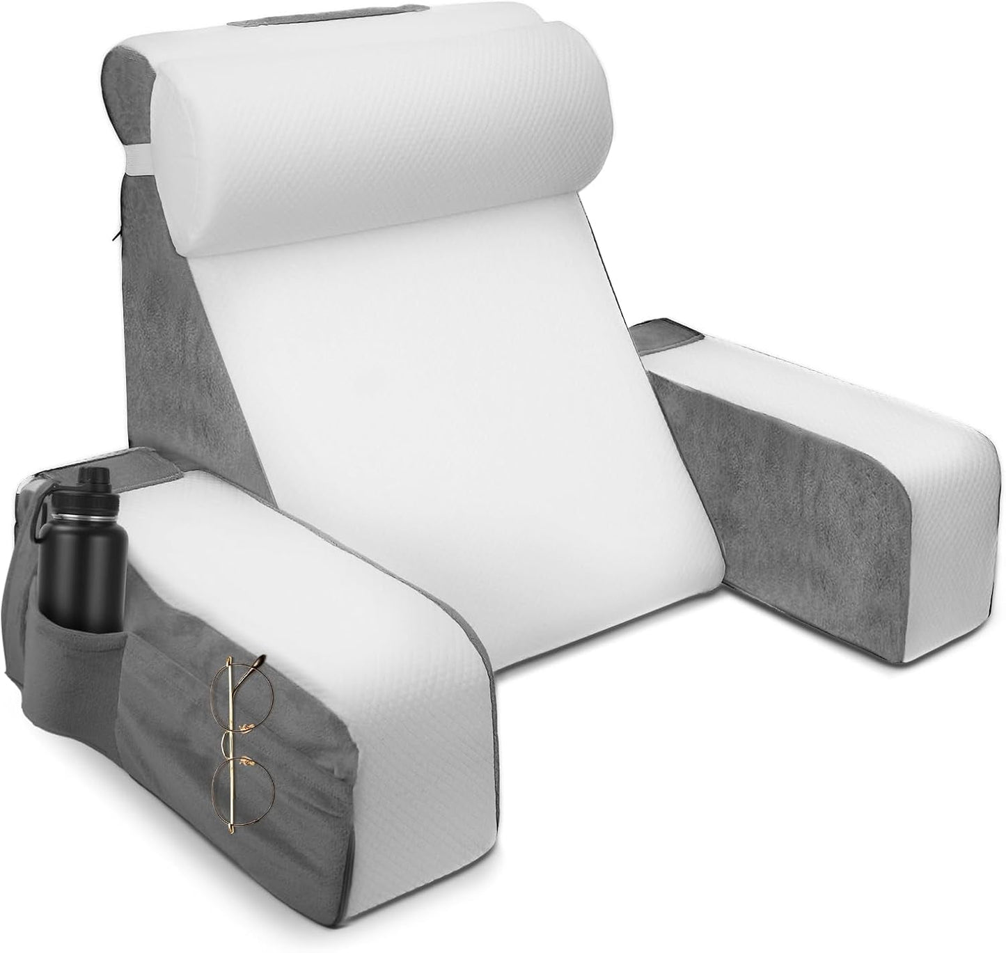 Großes Lesekissen mit abnehmbarer Nackenstütze und Armlehnen, Rückenkissen fürs Bett, ergonomisches Rückenkissen mit Armlehne, Tasche und waschbarem Bezug zum Lesen und Fernsehen.