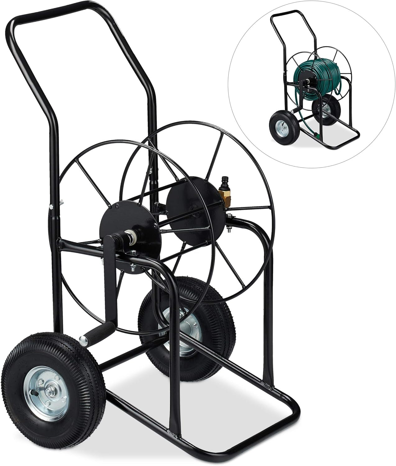 Relaxdays Schlauchwagen, mobile Schlauchtrommel, 1/2" und 3/4" Anschluss, Schlauch bis 80 m, 2 Rollen, Metall, schwarz