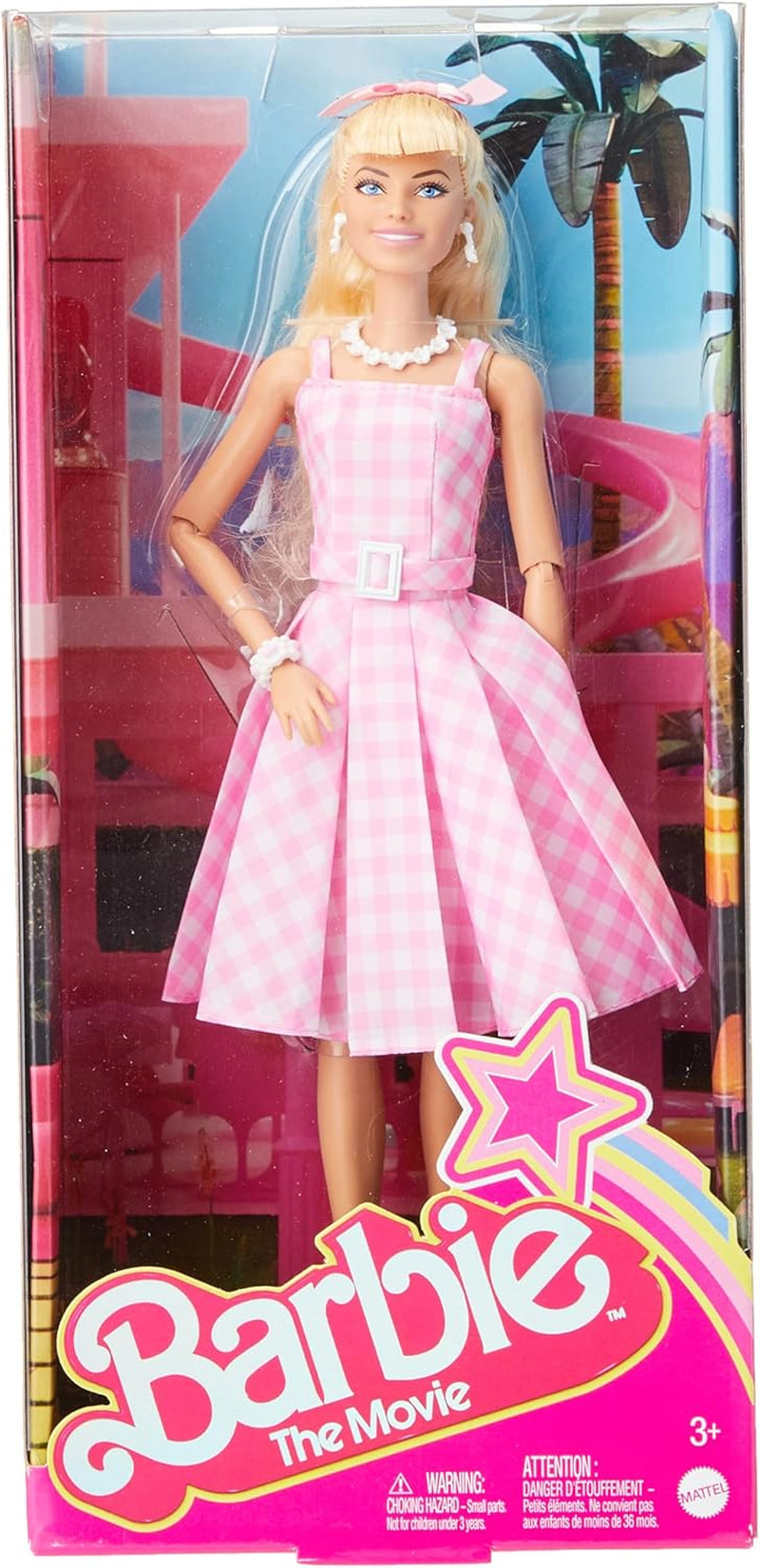 Barbie-Puppe, die Filmpuppe in rosa-weißem Kleid und Gänseblümchen-Halskette, Margot Robbie, Sammlerspielzeug für 3-Jährige HPJ96