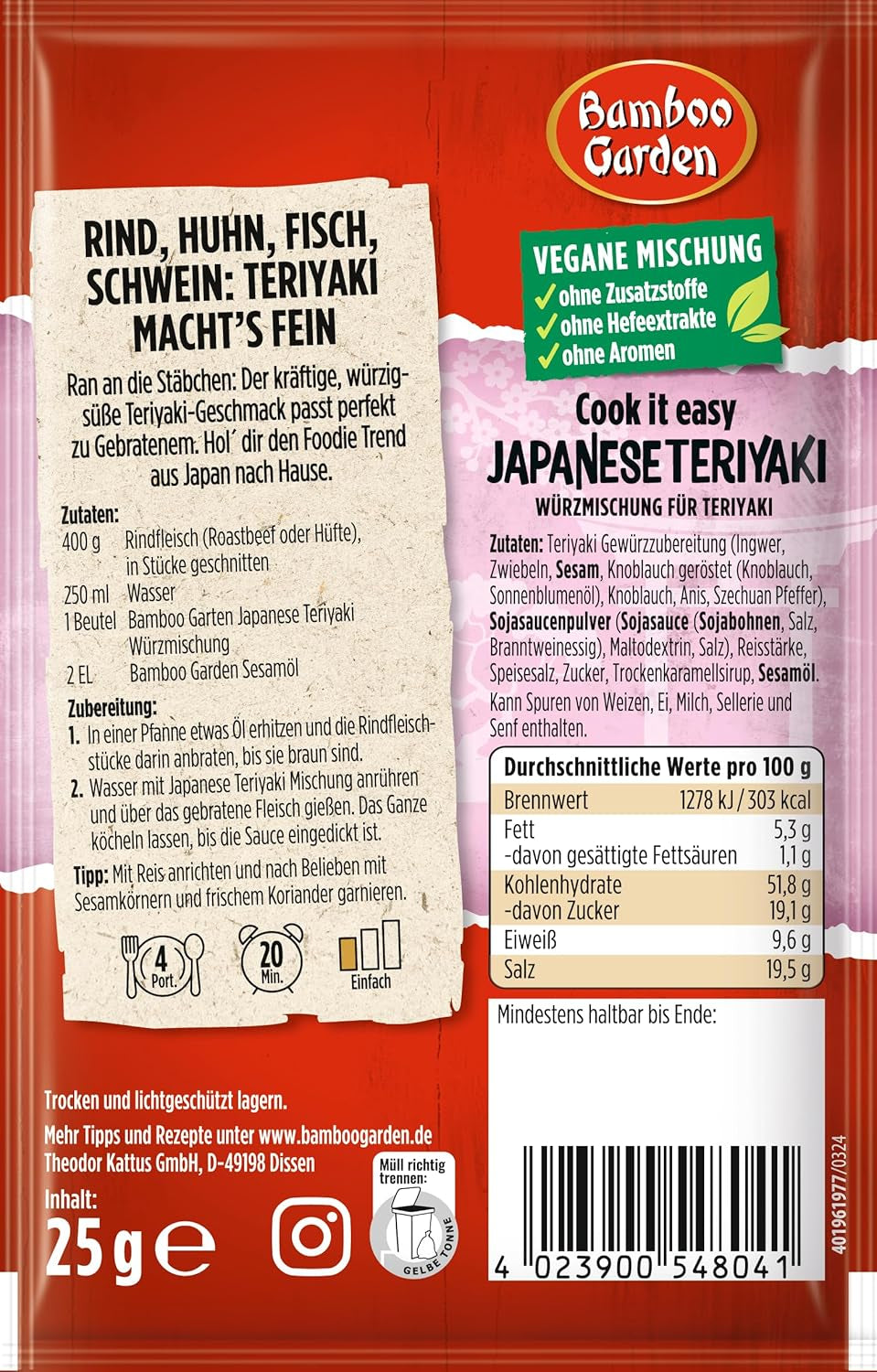 Bamboo Garden - Teriyaki Seasoning Mix, Gewürzmischung für Teriyaki, Für 4 Portionen, Ohne Geschmacksverstärker und Konservierungsstoffe, 1 x 25 g (Verpackungsdesign kann abweichen)