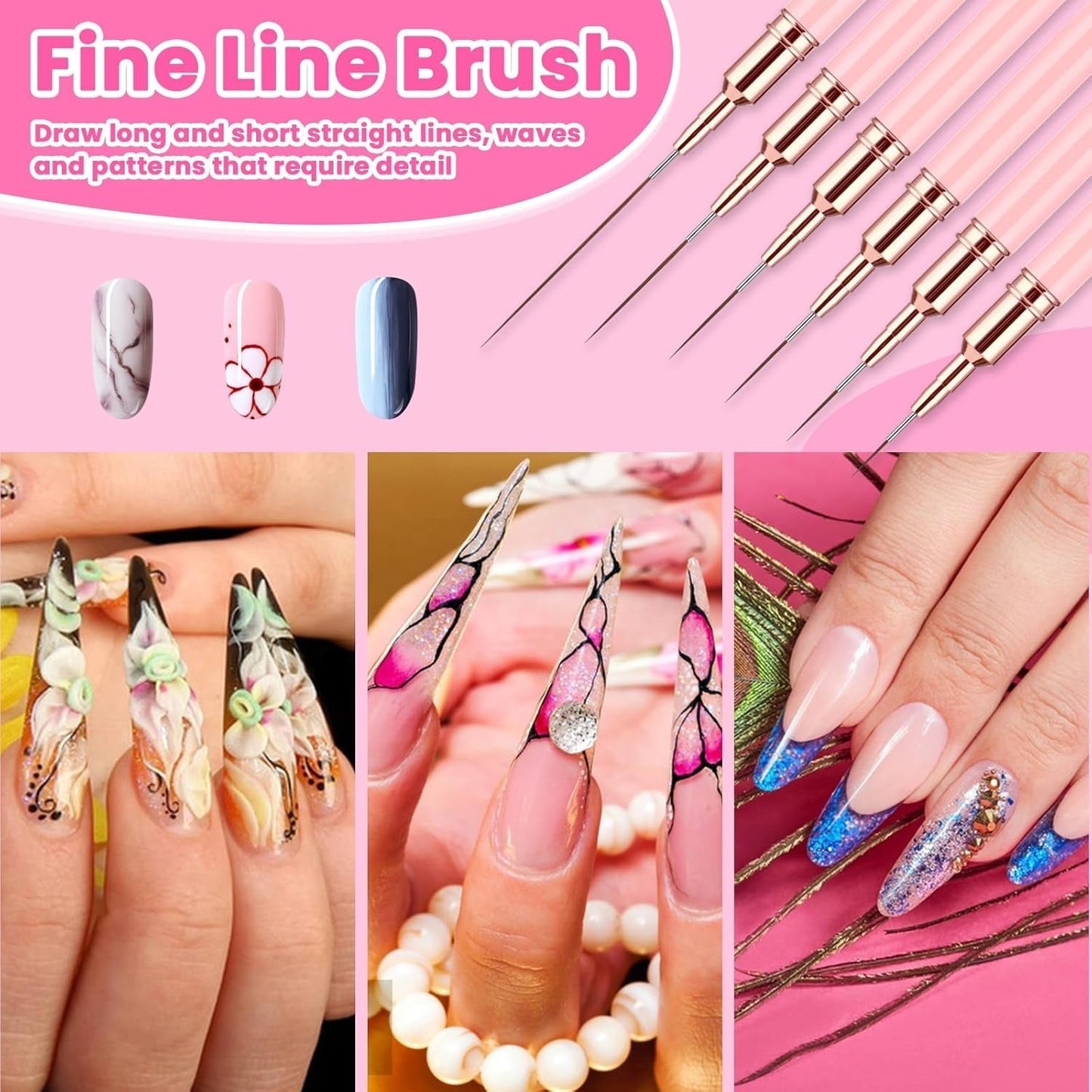 6 Stück Liner Nailart Pinsel Nageldesign Pinsel Set Dünn Acryl Nagelpunkt-Zeichenwerkzeug Nägel Dünne Nagelpinsel Set Für Lange Linien, Dünne Details, Feines Zichnen 5/7/9/11/15/25 Mm (Rosa)