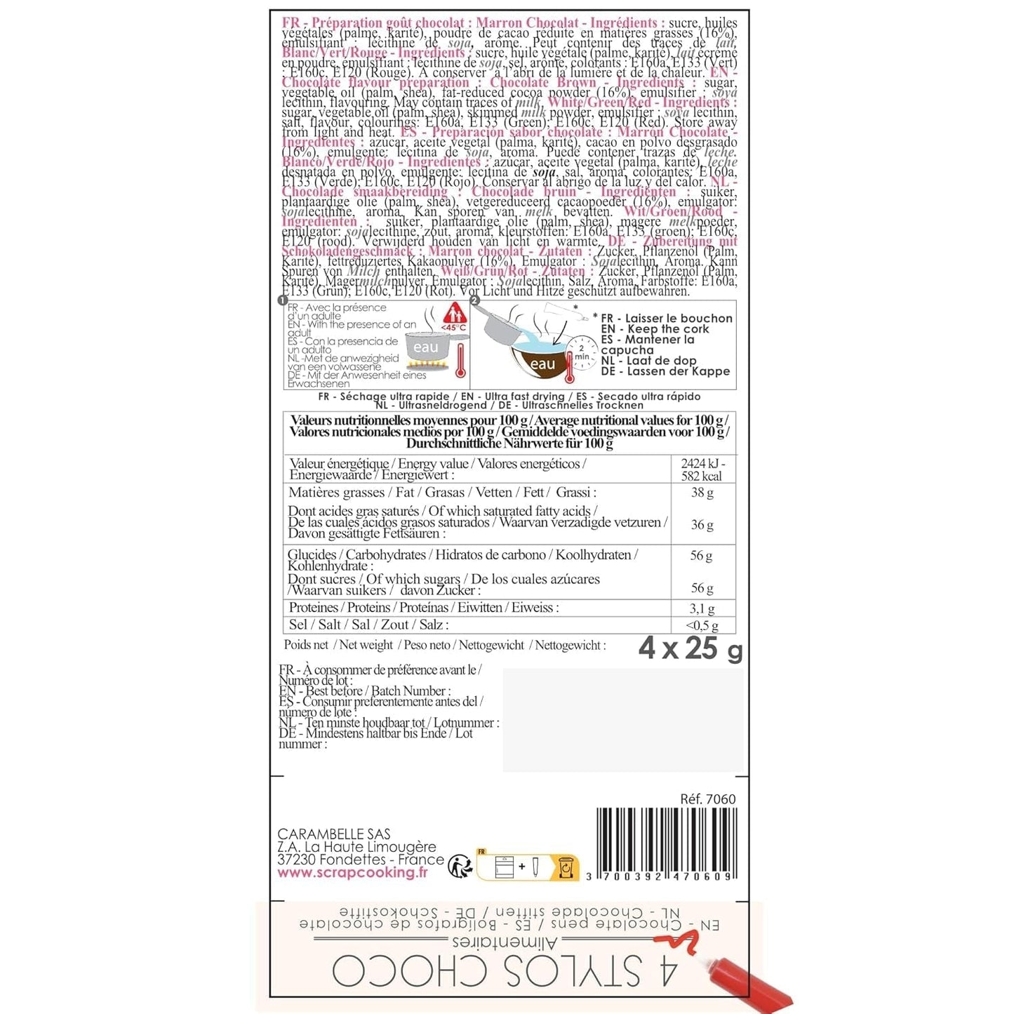 Scrapcooking – Set mit 4 weihnachtlichen Schokoladen-Buntstiften – Braun, Weiß, Grün und Rot – Essbare Farbe – Lebensmittelfarbe zum Schreiben – Schreiben und Zeichnen auf Desserts, Kuchen und Keksen – 7060