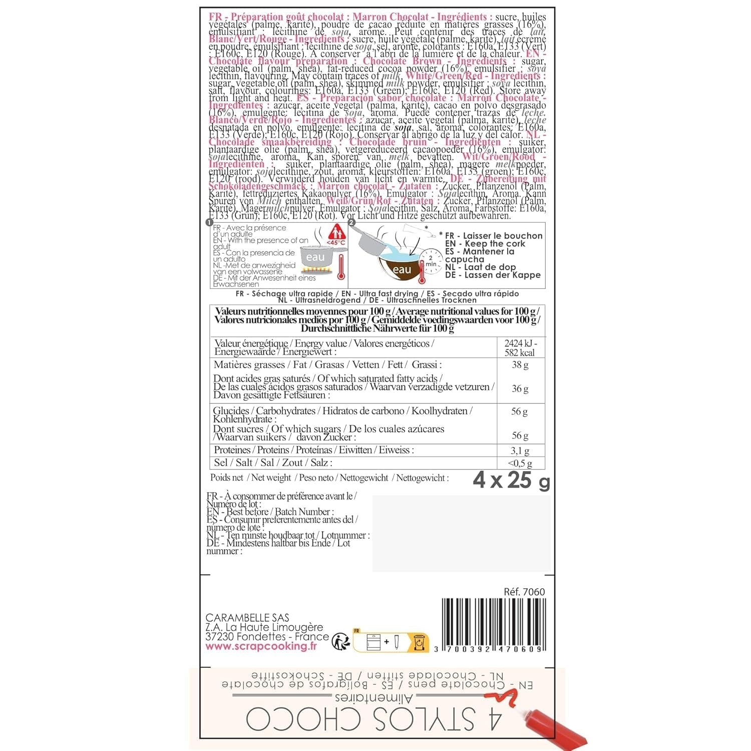 Scrapcooking – Set mit 4 weihnachtlichen Schokoladen-Buntstiften – Braun, Weiß, Grün und Rot – Essbare Farbe – Lebensmittelfarbe zum Schreiben – Schreiben und Zeichnen auf Desserts, Kuchen und Keksen – 7060