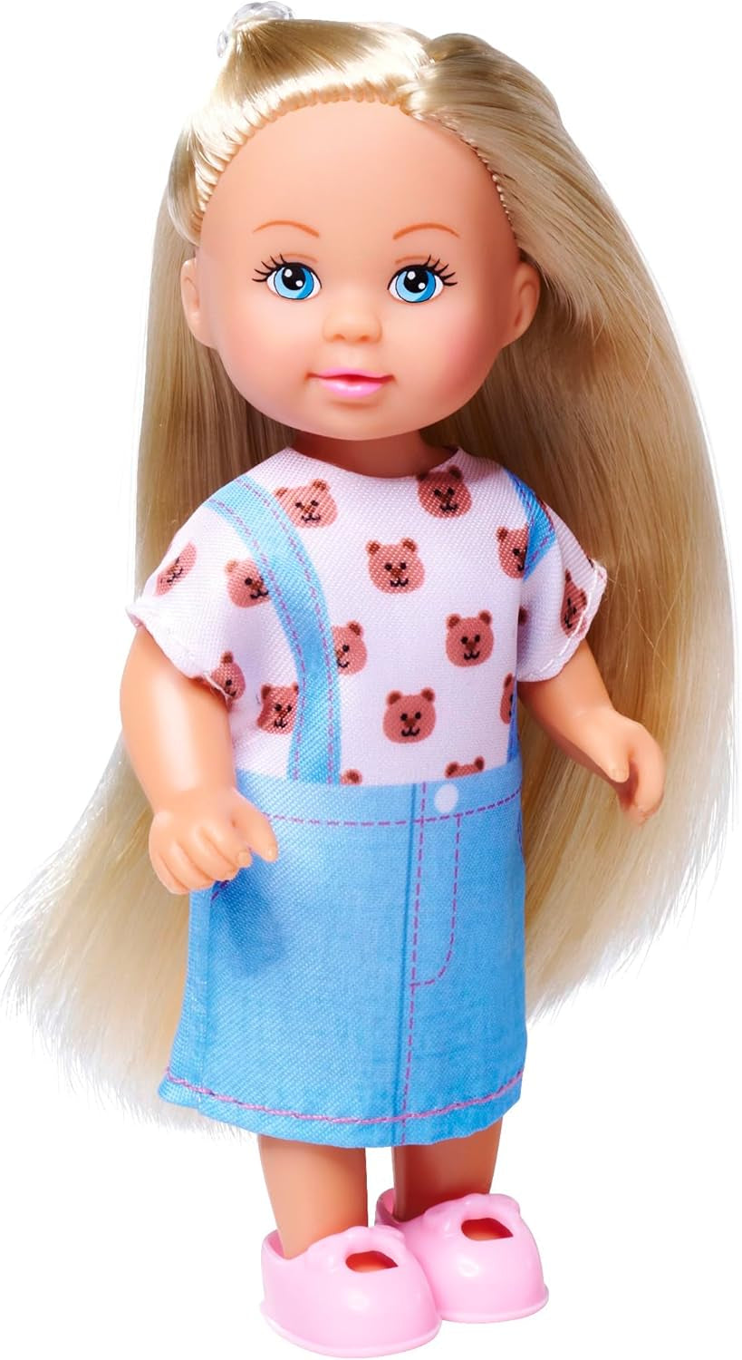 Simba Evi Love Modepuppe trägt ein süßes Jeanskleid, darunter zwei weitere Outfits mit bezaubernden Drucken und Turnschuhen, 12 cm, ab 3 Jahren