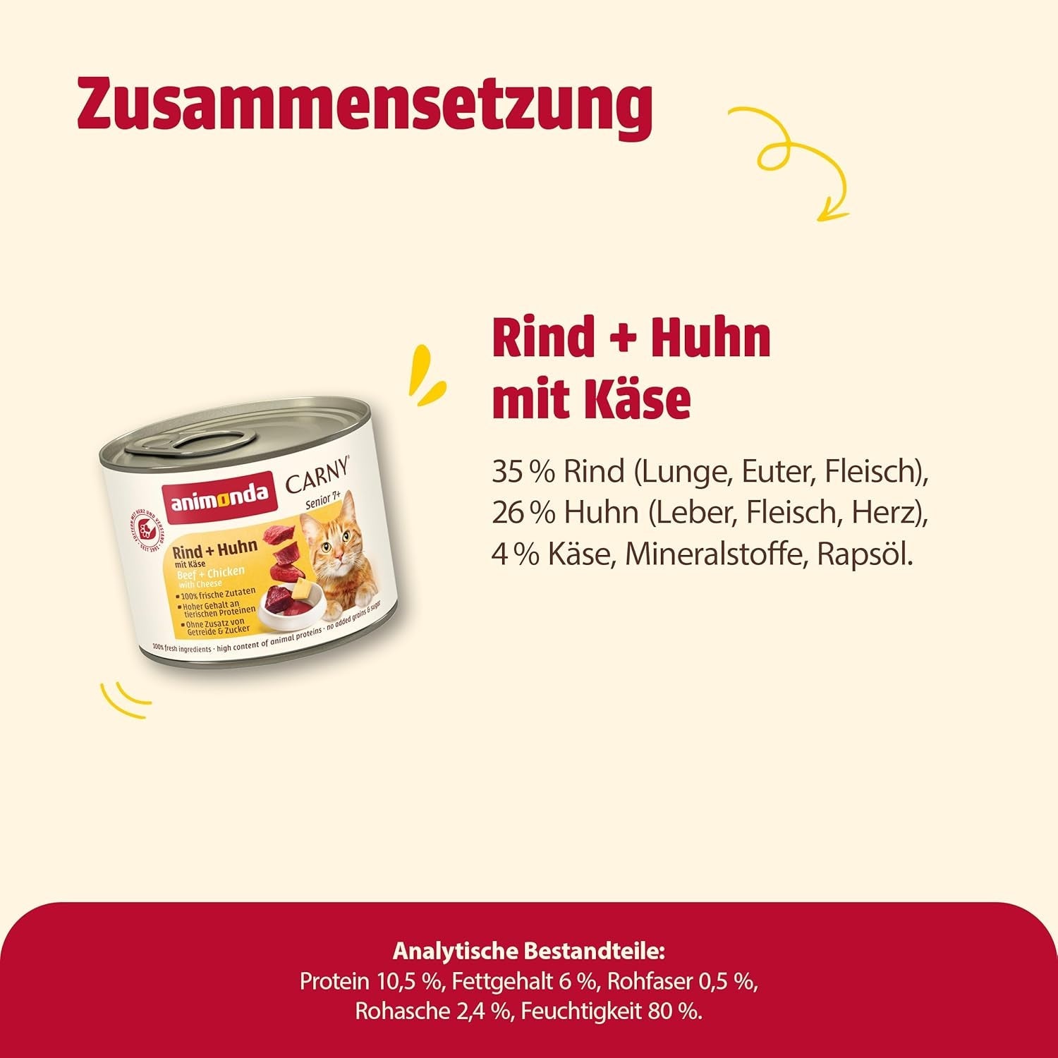 Animonda Carny Senior Nassfutter für Katzen mit Rind + Huhn + Käse (6 x 200 g), getreide- und zuckerfreies Nassfutter für Katzen ab 7 Jahren, mit frischen und fleischigen Zutaten