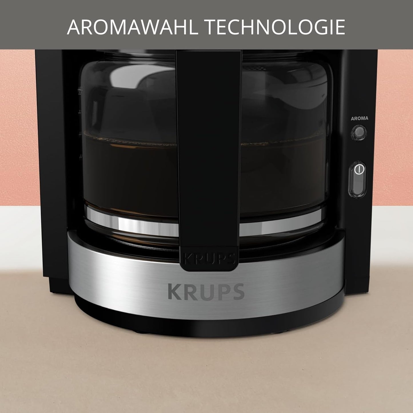 Krups KM3210 Pro Aroma Plus Espressomaschine, 10 Tassen, 1,25 l, Warmhalten für 30 Minuten, sichtbares Wasserstandsfenster, Anti-Tropf-System, schwarz mit Edelstahl-Applikationen