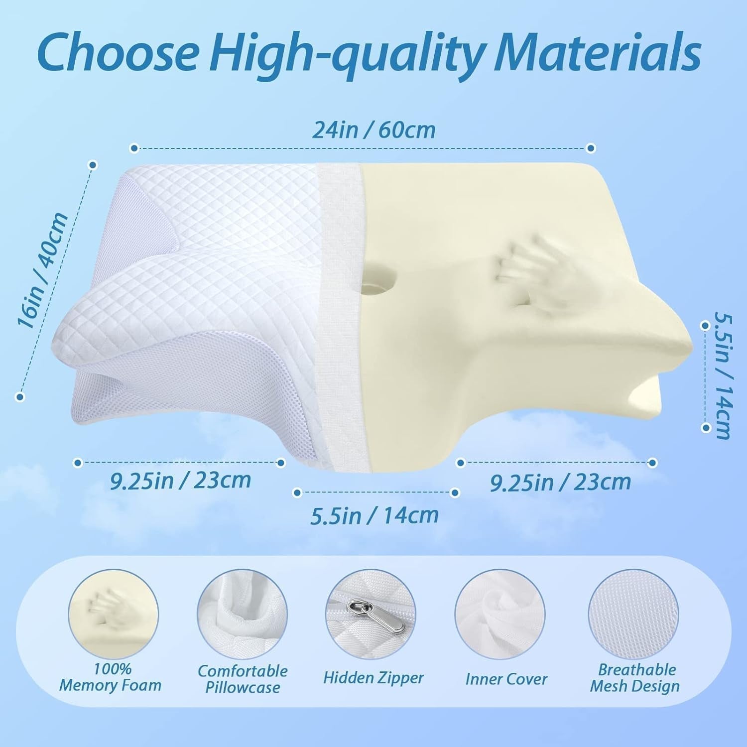 HOMCA Nackenkissen Orthopädisches Kissen 2-in-1-Memory-Schaum-Kissen Nackenstützkissen Ergonomisches Kopfkissen für Rücken-, Seiten- und Bauchschmerzen 60 x 13/11 x 40 cm Naty Shop Orthopädische Nackenkissen