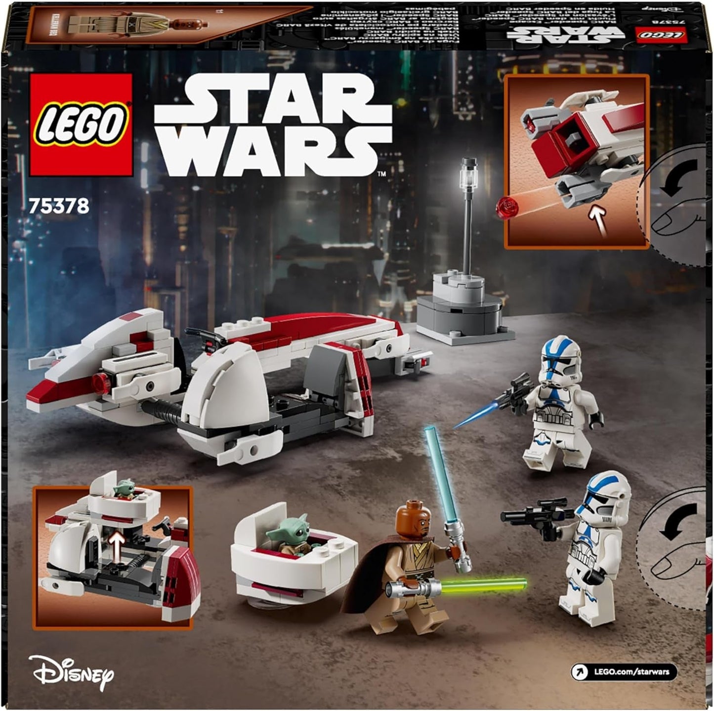LEGO Star Wars Flucht mit dem BARC Speeder, das Mandalorianer-Set, Spielzeugfahrrad mit Beiwagen, enthält die Figuren Kelleran Beq und Grogu, Geschenk für Jungen und Mädchen ab 8 Jahren 75378 Bausets Beuche den LEGO-Store