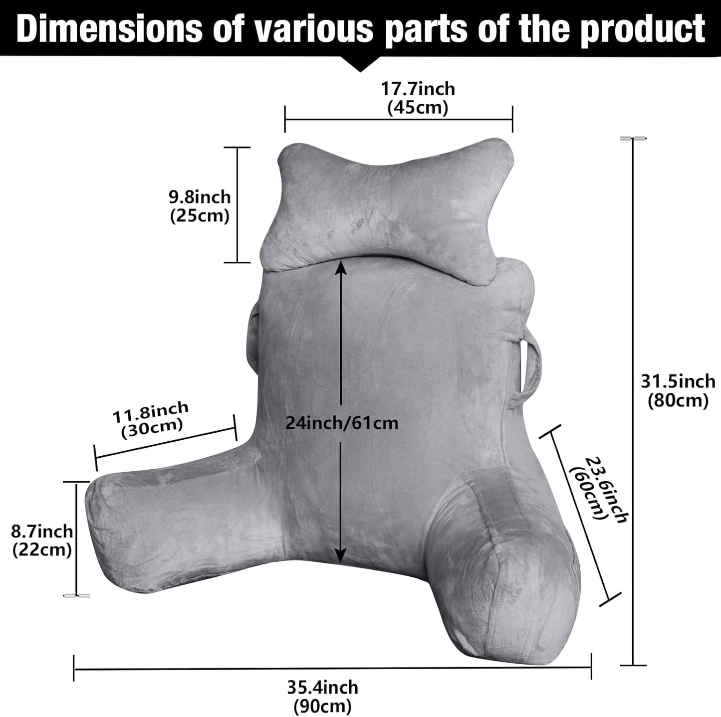 Lesekissen für Erwachsene im Bett, 90 x 80 cm (B x H), extra große Rückenlehne zum Lesen mit abnehmbarer Nackenstütze und Stützarm, bequemes Lesekissen für Bett, Sofa oder Bodenrückenlehne