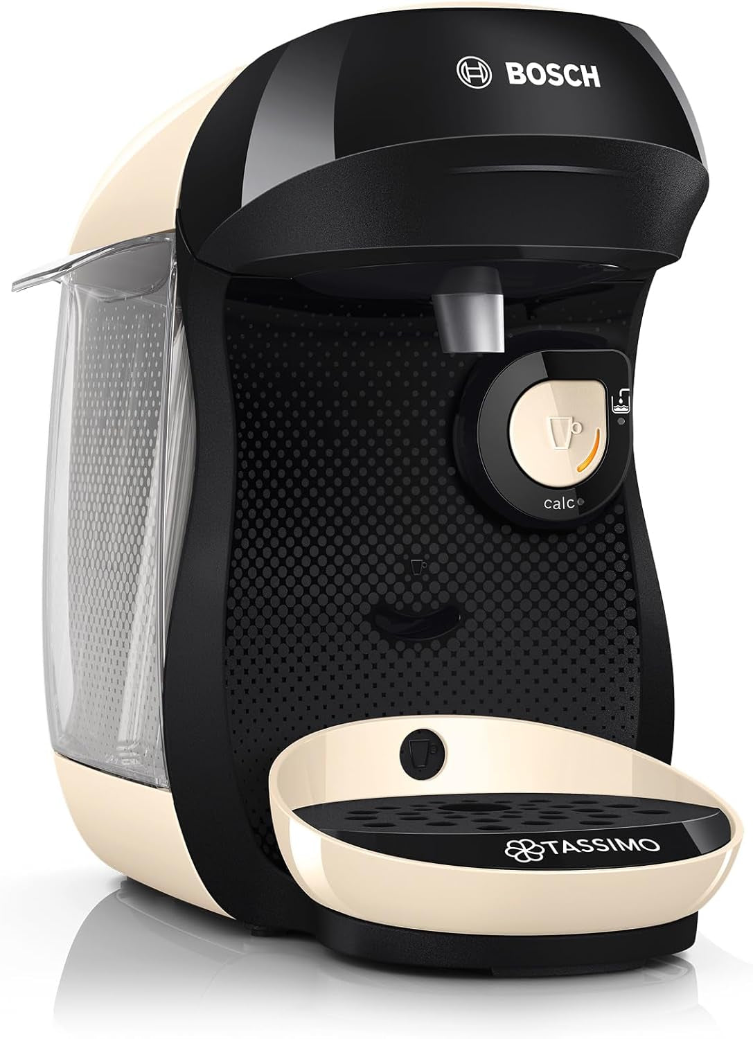 Bosch Tassimo Happy Friendly TAS107E Kapsel-Espressomaschine, 70+ Getränke, für alle Tassen geeignet, Auto-Stop, nachhaltig, perfekte Dosierung, platzsparend, 1400 W, Creme/Schwarz