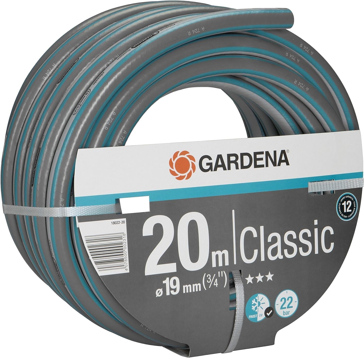 Gardena Classic Schlauch 19 mm (3/4 Zoll), 20 m: Universeller Gartenschlauch aus robustem Gewebe, kreuzgewebt, 22 bar Berstdruck, UV-beständig, keine Systemkomponenten, 12 Jahre Garantie (18022-20)
