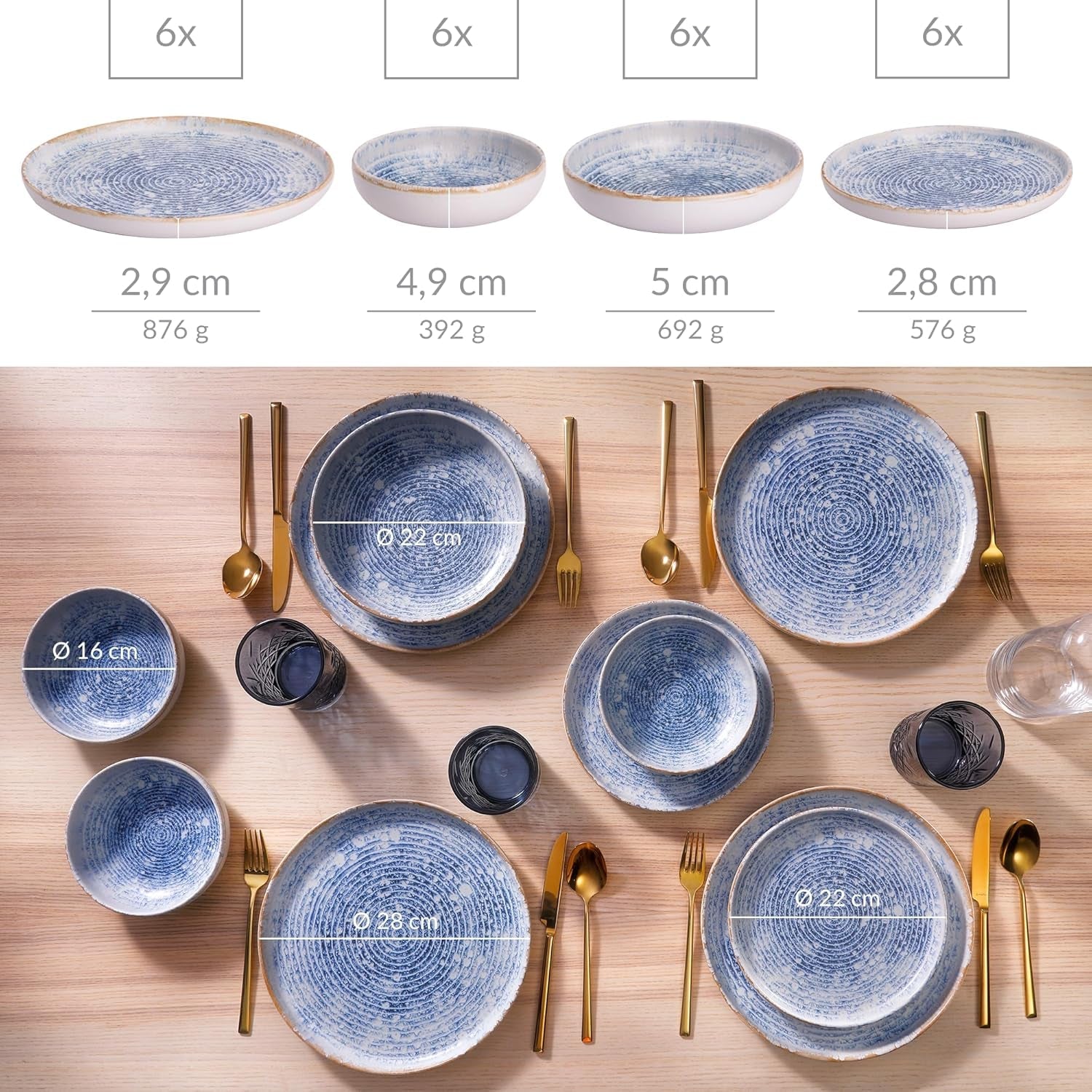 Azurblaues Vintage-Geschirrset aus Steingut für 6 bis 24 Teile – weiße und blaue Streifen, geprägte Oberfläche – spülmaschinen-, ofen- und mikrowellenfest