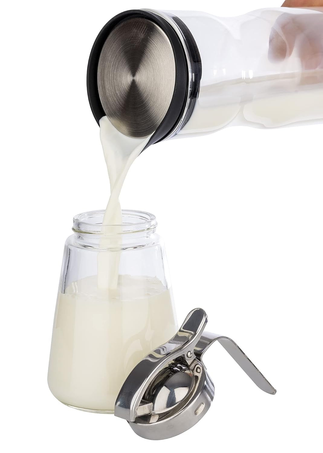 APS 765 Universalbecher, Ausgießbecher aus Glas mit Schraubverschluss aus Edelstahl, Ausgießbecher für Honig, Kaffeesahne oder andere Flüssigkeiten, 8,5 x 12 cm, 13 cm hoch