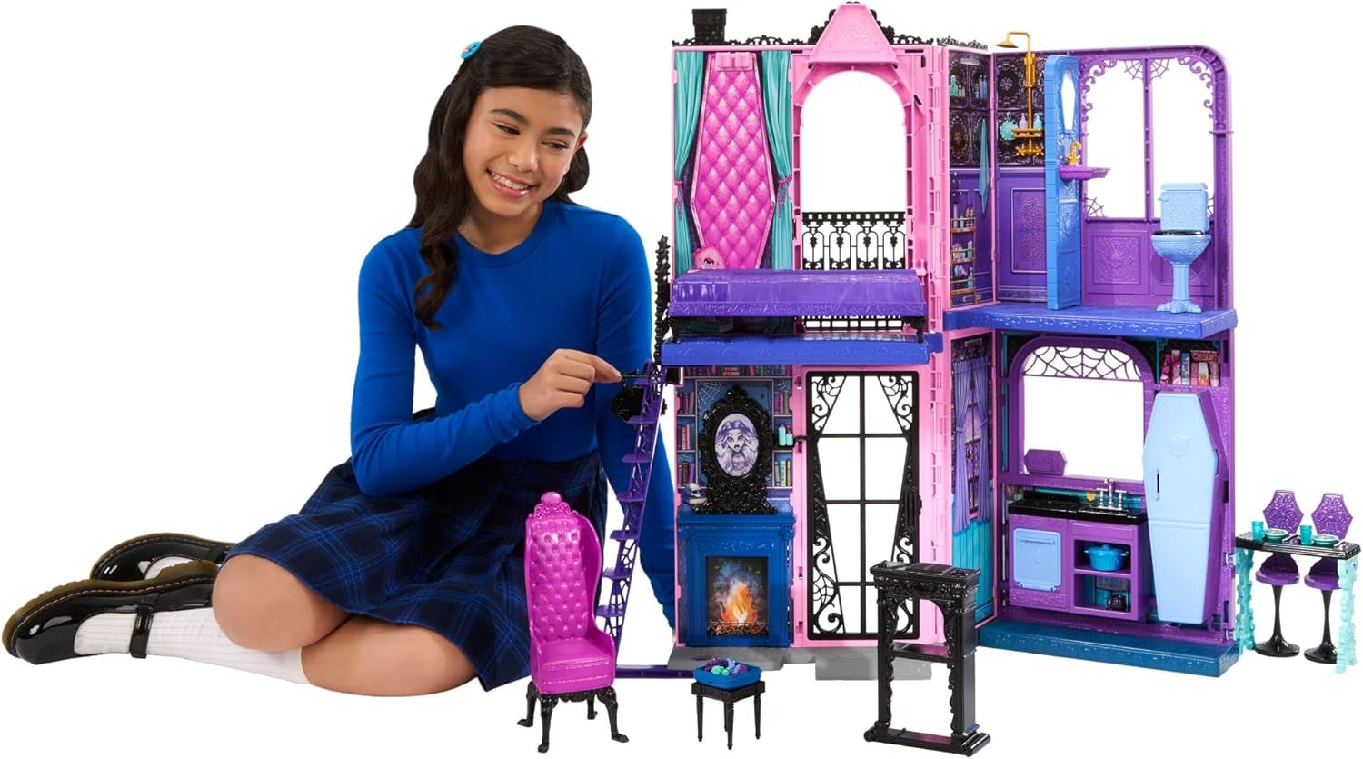 Monster High Buh-tique Hotel-Puppenhaus, faltbares Spielset mit gruseligen Überraschungen in jedem Zimmer und über 13 Spielsets, einschließlich Möbeln und Zubehör, JBF16