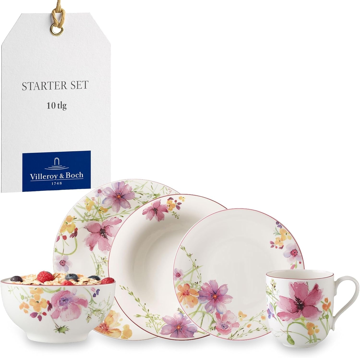 Villeroy & Boch Mariefleur Starter-Set, verschiedene Farben, spülmaschinenfest, mikrowellengeeignet, Geschirrset für 2, florales Geschirrset, Essgeschirr, Kombinationsset, Premium-Porzellan