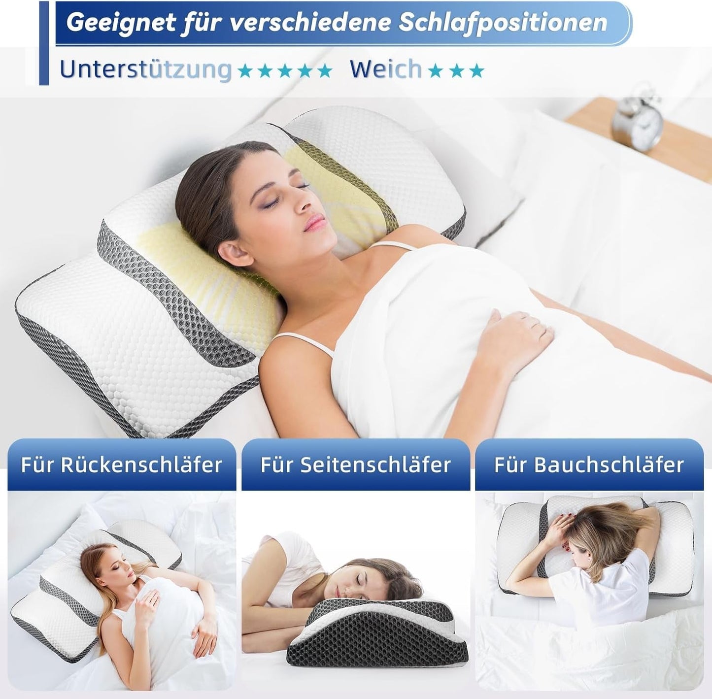 Orthopädisches Kissen, ergonomisches Nackenkissen, Kopfkissen, Original-Memory-Schaum-Kissen für Seiten, Rücken- und Bauchunterstützung, Nackenstützkissen für Männer, Frauen (67,3 x 38,2 x 13,8/3 cm). Orthopädische Halskissen von Naty Shop