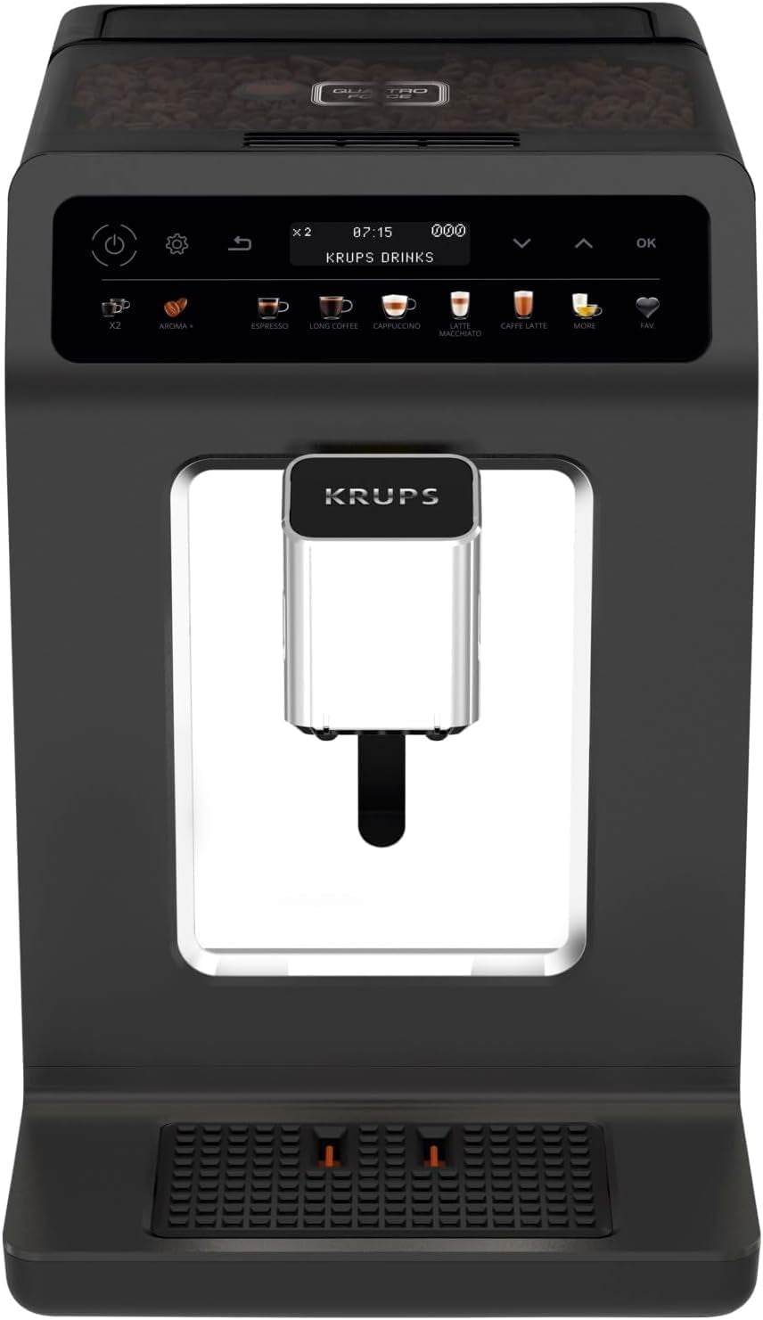 KRUPS Evidence One automatische Espressomaschine mit Milchschlauch, One-Touch-Cappuccino, 12 Spezialgetränke, 2-Tassen-Funktion, Farbdisplay, Espressomaschine, TÜV-Zertifikat, Schwarz, EA895N10