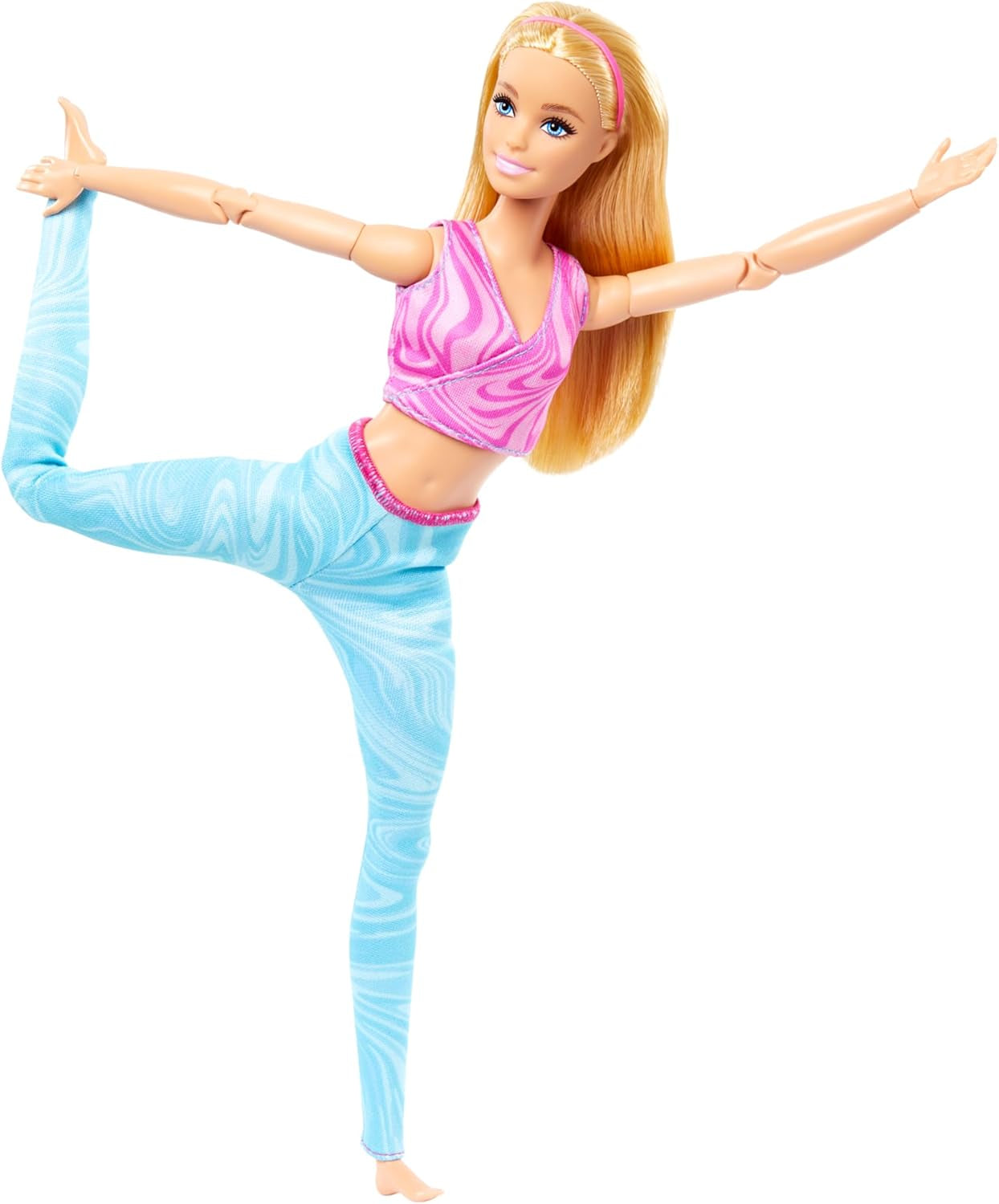 Barbie Made-to-Move-Puppe mit blonden Haaren, abnehmbarem rosa Sportoberteil und blauer Yogahose, 22 Gelenke, HRH27, [Mehrfarbig]