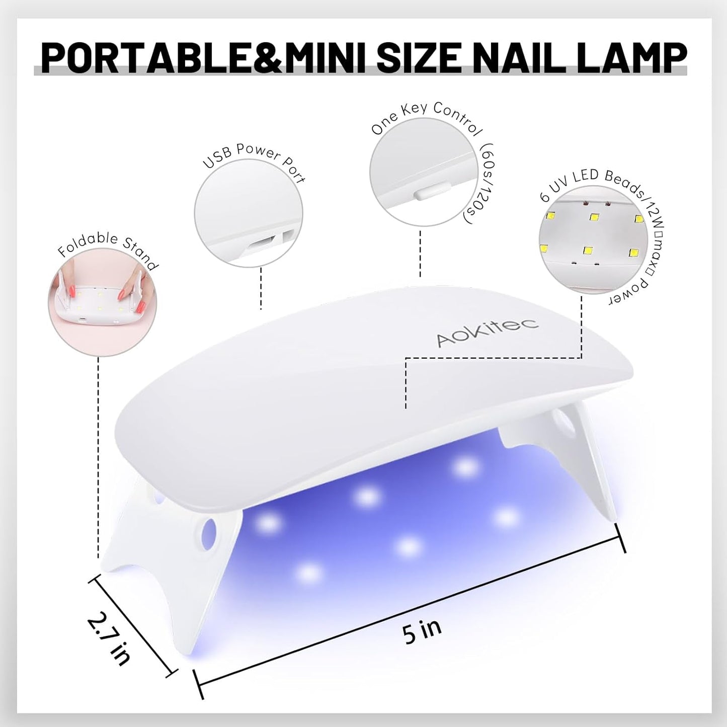 Aokitec Mini-LED-UV-Lampe, UV-Gel-Nagellampe, tragbarer Nageltrockner für alle Arten von Gel-Nagellack, Härtungsgerät in Mausform, kompakt, leicht, mit USB-Kabel (weiß)