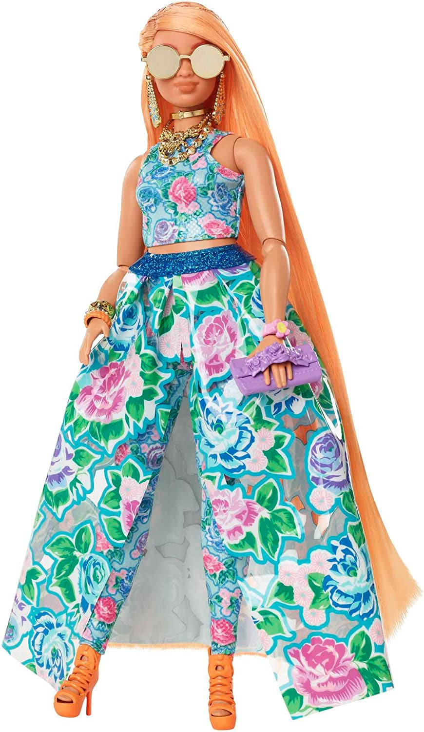 Barbie Extra Fancy, kurviges langes erdbeerblondes Haar, zweiteiliger Anzug, blaue Katze, rosa Tasche, Ananas-Sonnenbrille inklusive Puppe, geeignet als Geschenk, Hhn14 Naty Shop-Puppen