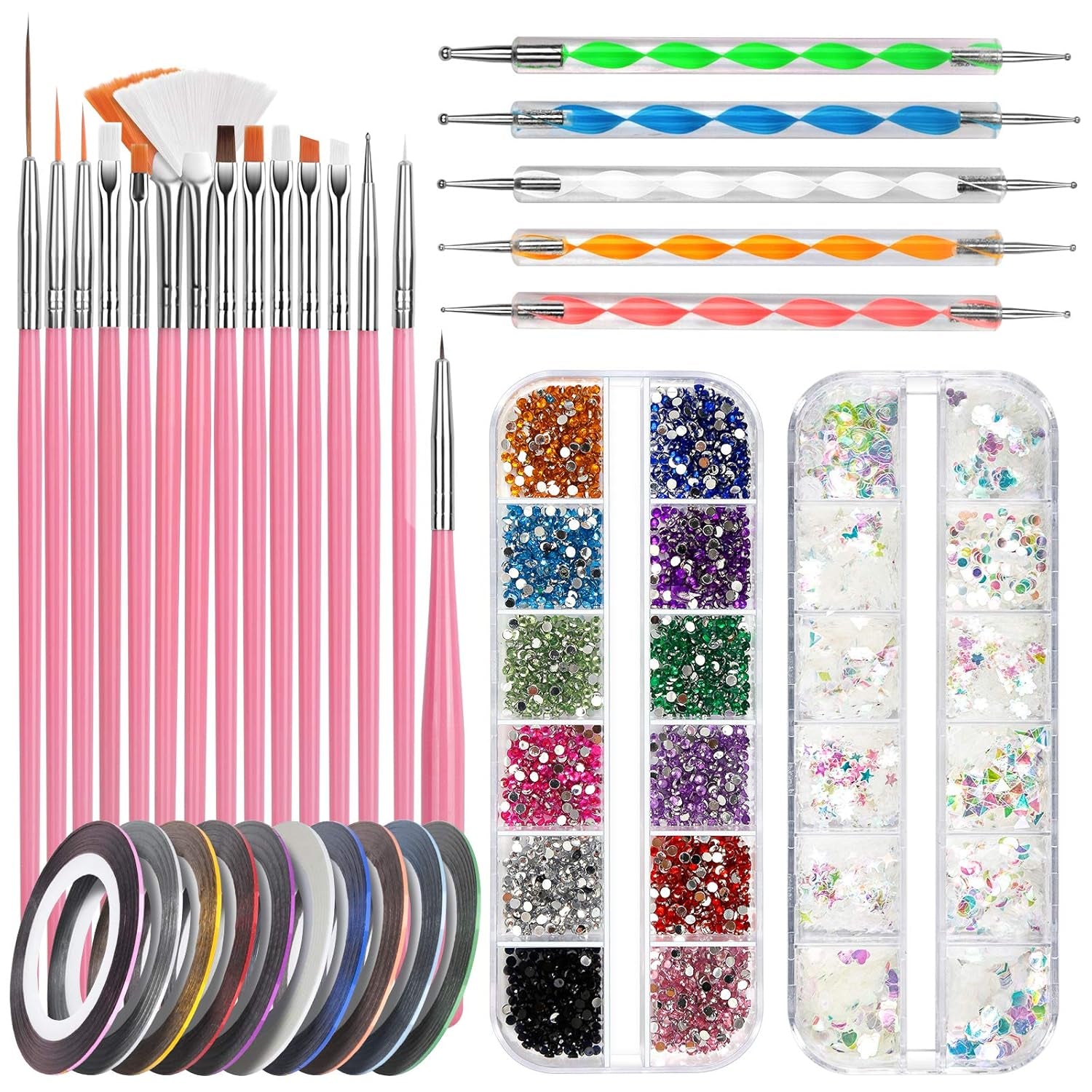 FANDAMEI Nail Art Pinsel Set, 15 Stücke Pinsel Für Gelnägel Nagel Pinsel, 5 Stücke Gepunkteter Stift, 10 Rolle Streifenband Nägel, Strasssteine ​​​​Nägel, Ultra Dünne Nagel Pailletten Für Nagelkunst Maniküre Set