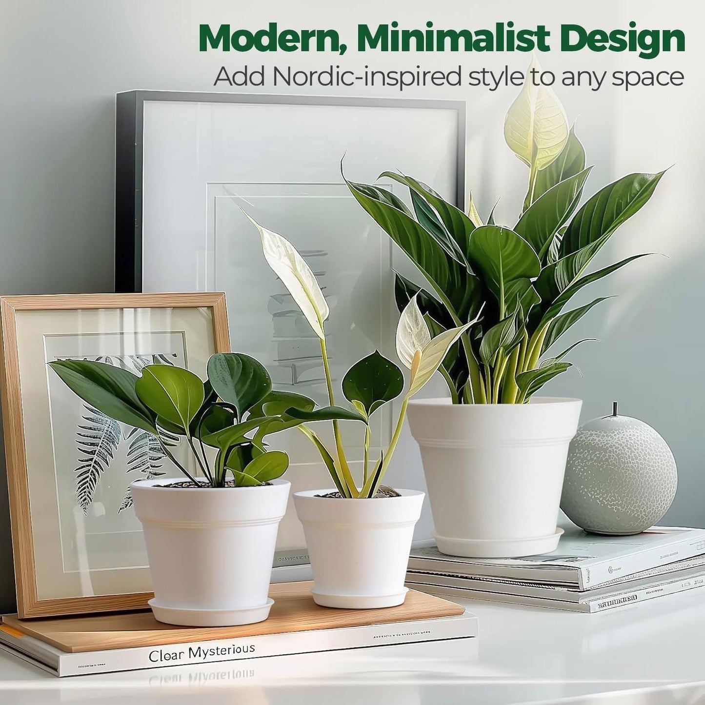 T4U 16 cm Kunststoff-Blumentopf mit Untersetzer, Set mit 6 Kunststoff-Kräutertöpfen mit mehreren Drainagelöchern, runder Topf für Sukkulenten im Innen- und Balkonbereich, Kakteen, weiß