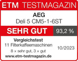 AEG Deli 5 Espressomaschine, 1,5 l, programmierbarer Timer, Warmhaltefunktion, Sicherheitsstopp, Wasserstandsanzeige, optimale Dosierung, Anti-Tropf-Funktion, Edelstahl, CM5-1-6ST