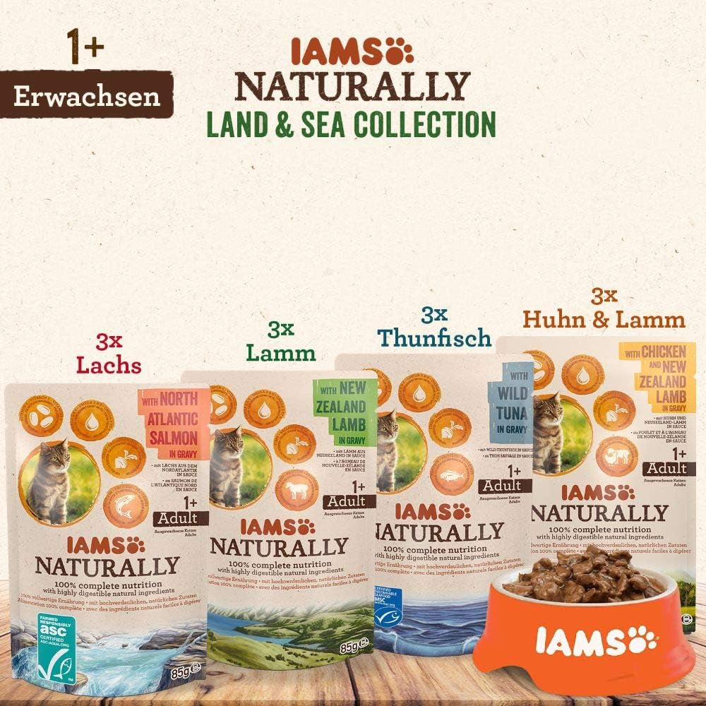 IAMS Natürliches Nassfutter für Katzen in Soße – Hochwertiges Fleisch- und Fischnassfutter für erwachsene Katzen, Land & Sea Collection, 12 x 85 g