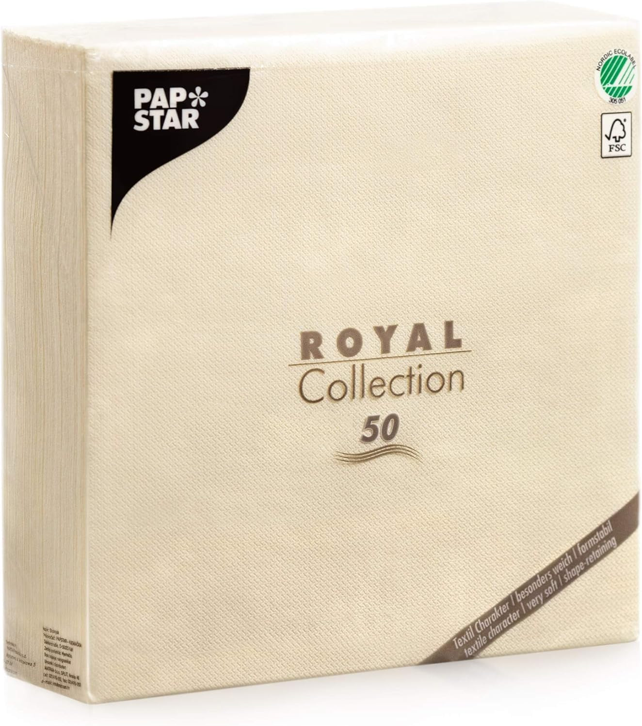 Papstar Servietten, Champagne Royal Collection 1/4-fach gefaltete Seidenservietten, Größe 40 x 40 cm, 1 x 50er-Pack, Champagner/Creme
