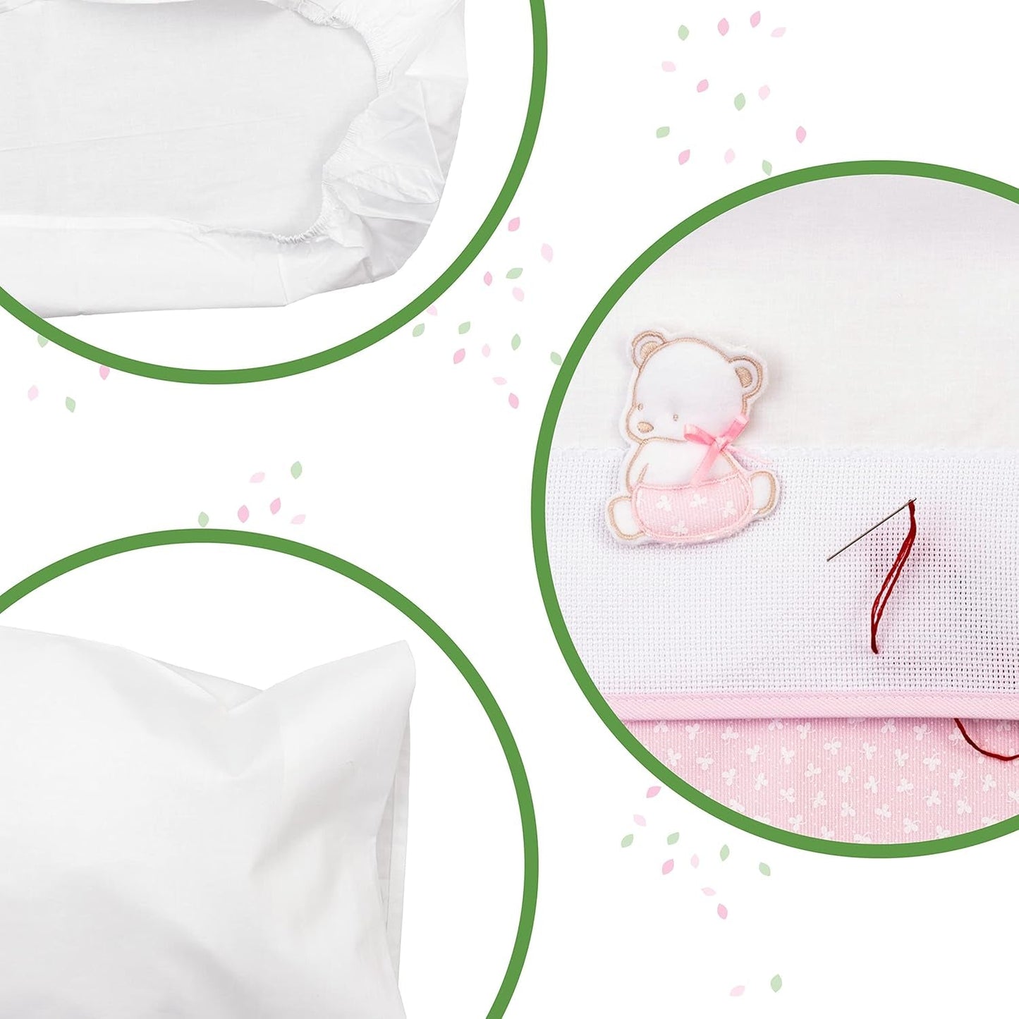 Weißes und rosafarbenes Babybett-Bettwäscheset, bestehend aus 1 Spannbettlaken, 1 Oberlaken mit Aida-Band zum Besticken und 1 Kissenbezug, 100 % Baumwolle, hergestellt in Italien. Steppdecken und Steppdecken Naty Shop