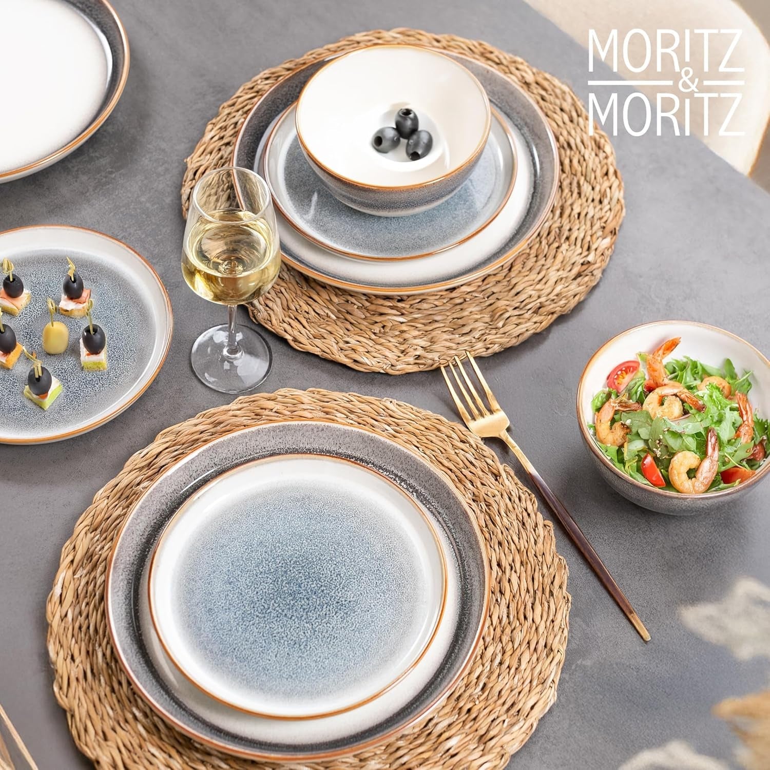 Moritz & Moritz TARENTO 24-teiliges Tafelservice für 6 Personen, Grau – Elegantes Tellerset aus hochwertigem Steingut – Das Tafelservice besteht aus 6 Speisetellern, 6 Desserttellern, 6 Speisetellern und 6 Tassen