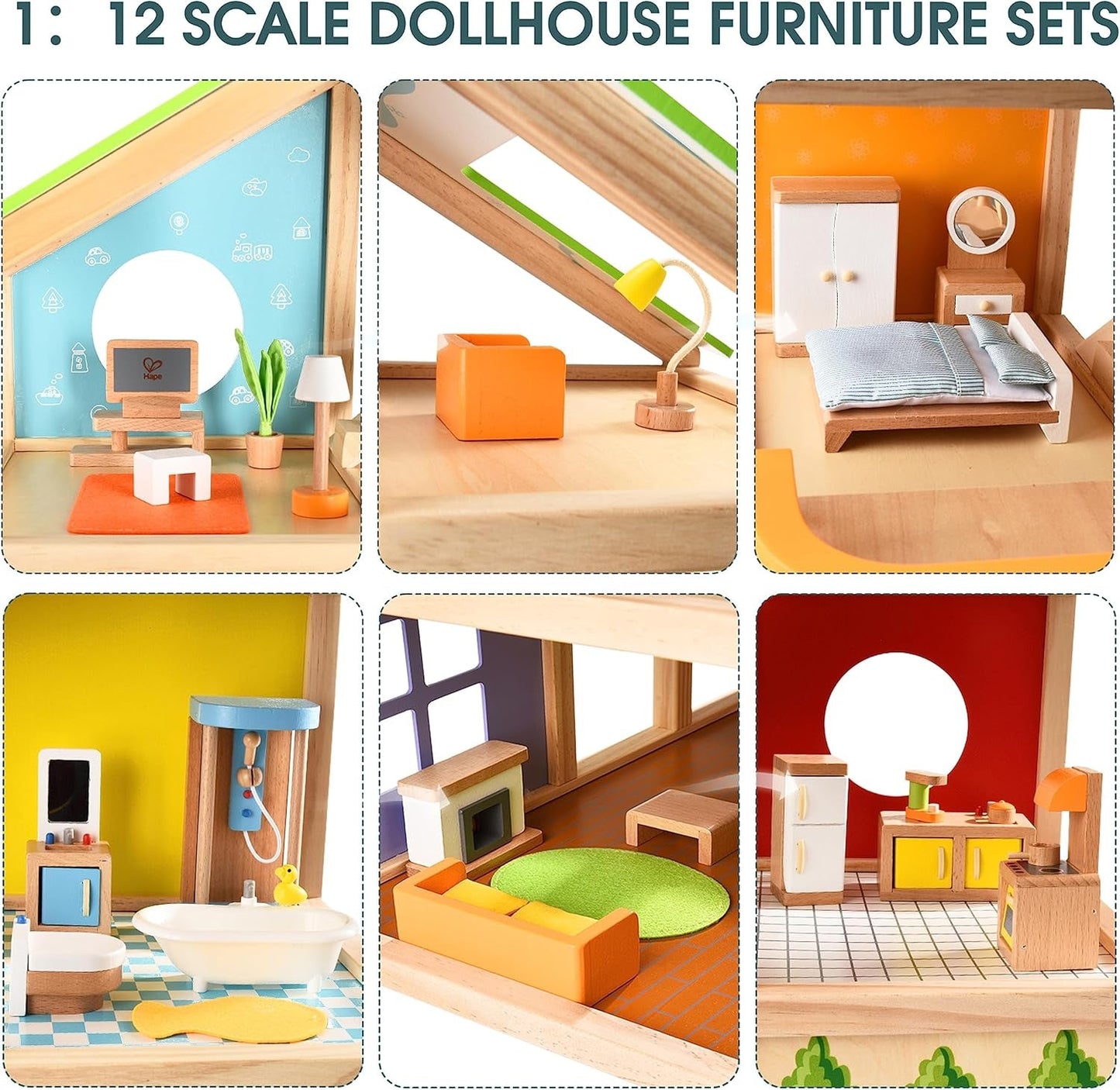 Hape Four Seasons Puppenhaus – preisgekröntes dreistöckiges Puppenhaus aus Holz mit Möbeln, Zubehör, Schiebetreppe und Wendedach für alle Jahreszeiten, für Kinder ab 3 Jahren