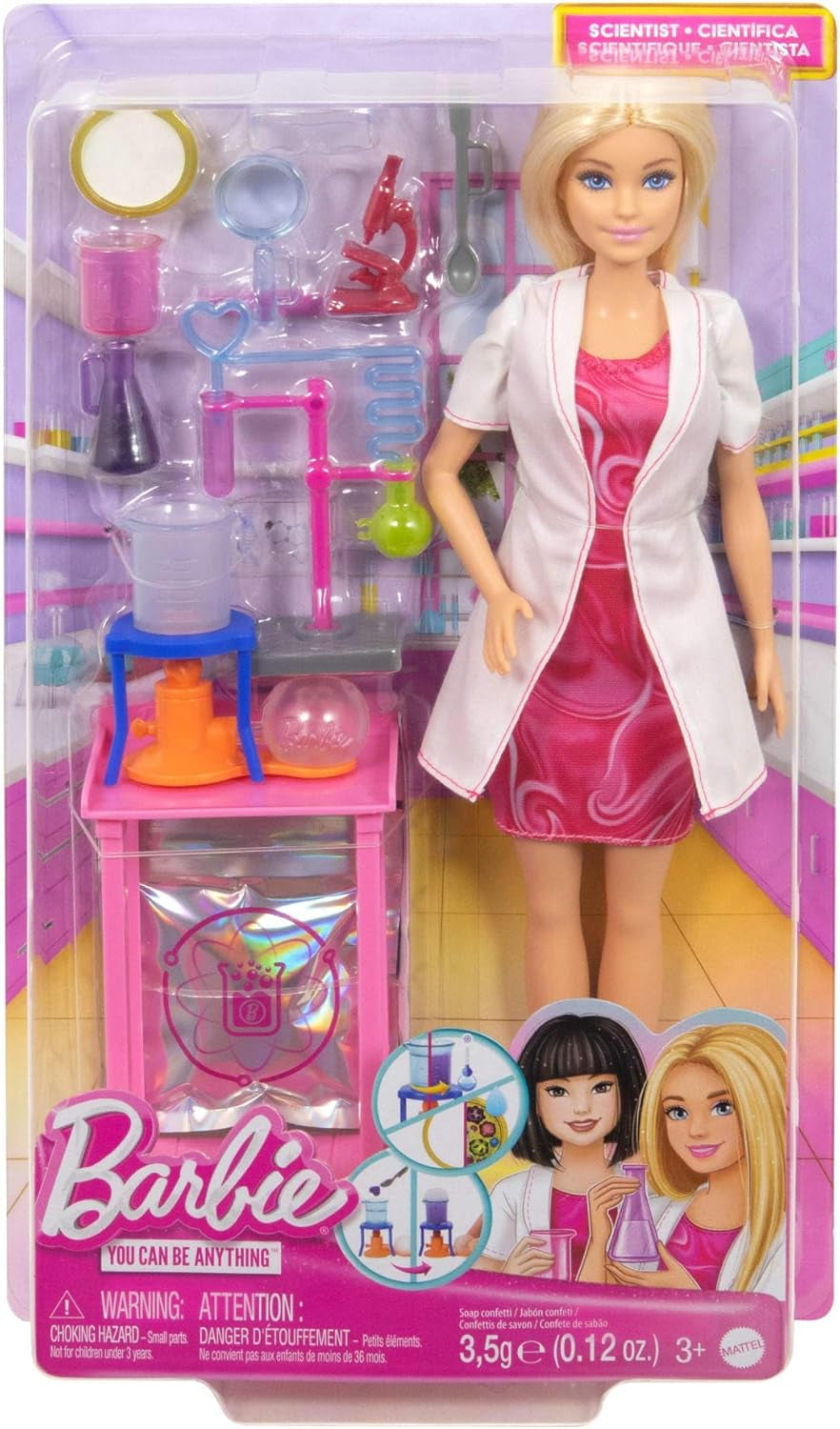 Barbie-Wissenschaftler-Puppe und Zubehör mit modischer blonder Puppe, Labortisch, Mikroskop, Farbwechsel-Kassierer und Petrischale, JCR70 Naty Shop Dolls