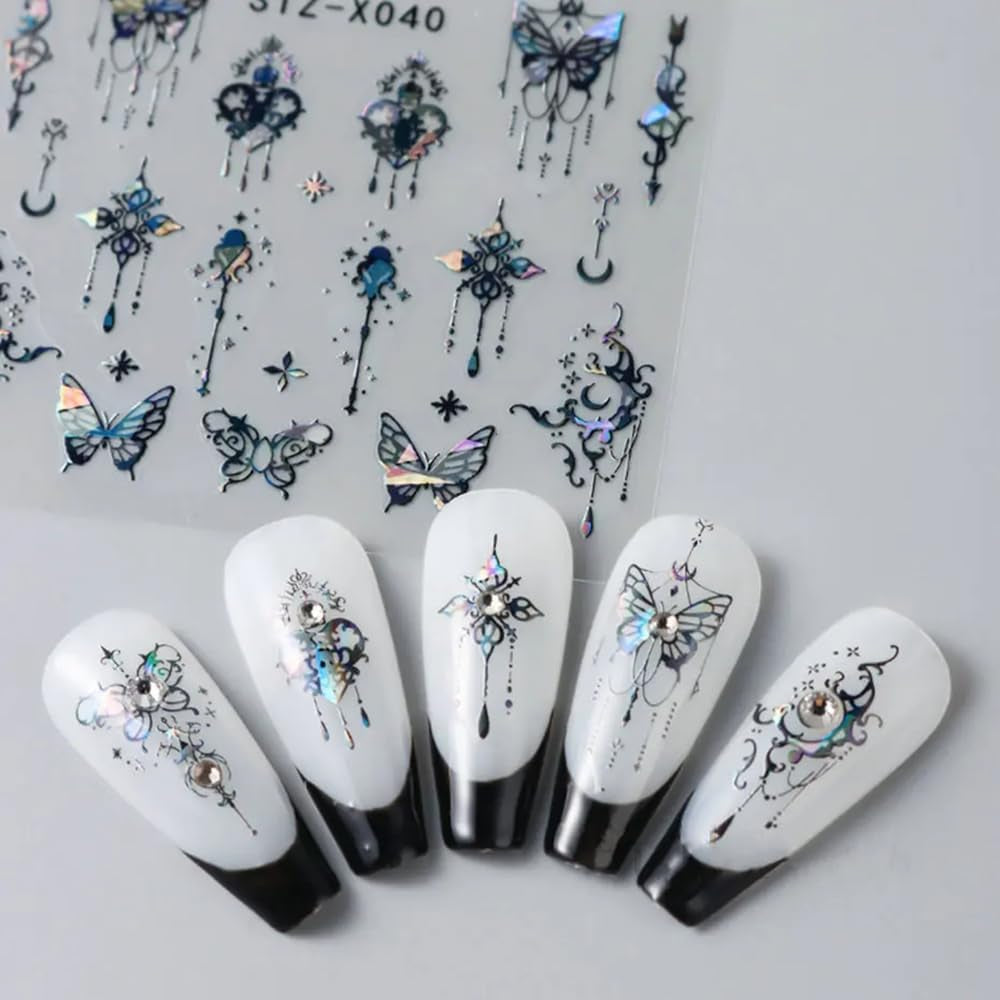 3D Metallic Schwarz Schmetterling Nagelaufkleber – Laser Pink Aurora Nagelaufkleber – Punk Butterfly Nail Art Aufkleber – Silber Nagelaufkleber – Nageldesign Zubehör