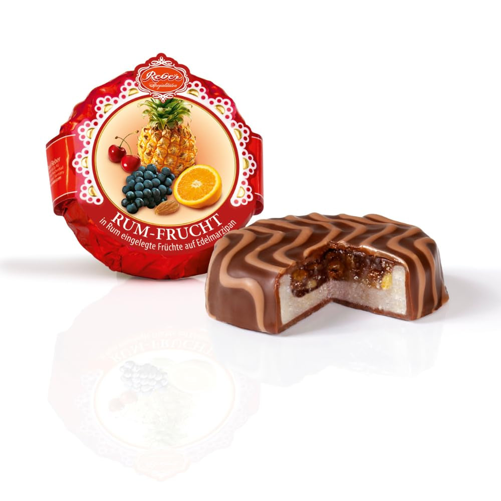 Schokoladenteig mit Rum und Reberfrüchten, in Rum getränkte Früchte auf Edelmarzipan, umhüllt von feiner Zartbitterschokolade, 39g (1 Stück)