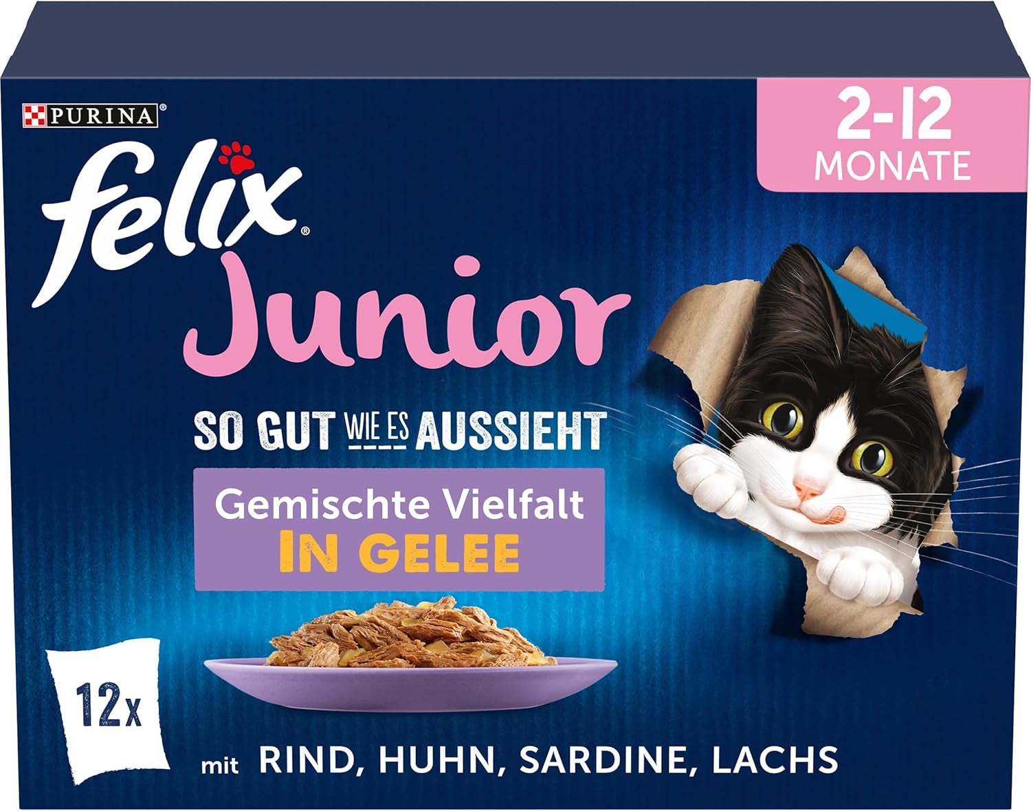 Felix As Good As It Looks Junior Nassfutter in Gelee für Kätzchen, sortierte Mischung, 6er-Pack (6 x 12 Beutel à 85 g)