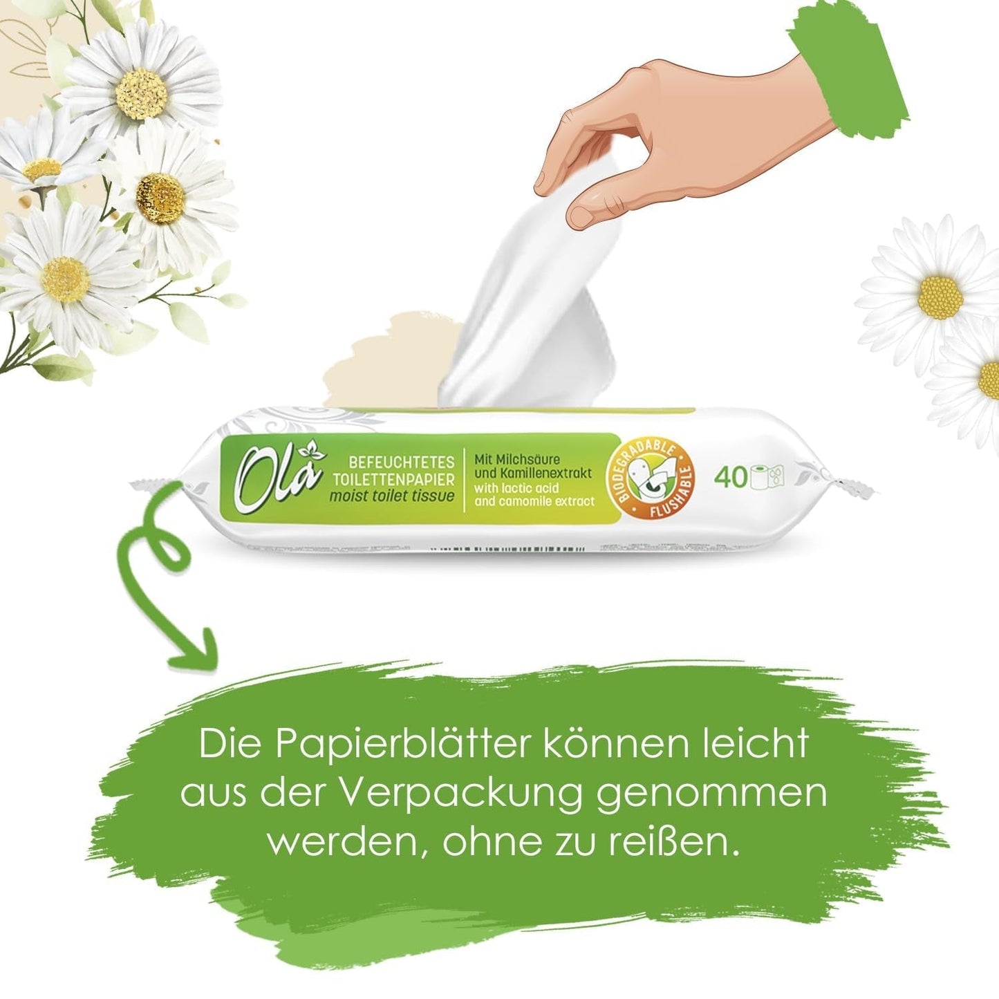 OLA Nasses Toilettenpapier – (1X40 Stück) Feuchttücher – Kamillenextrakt und Milchsäure, waschbar, empfindliche Haut – 40 Stück