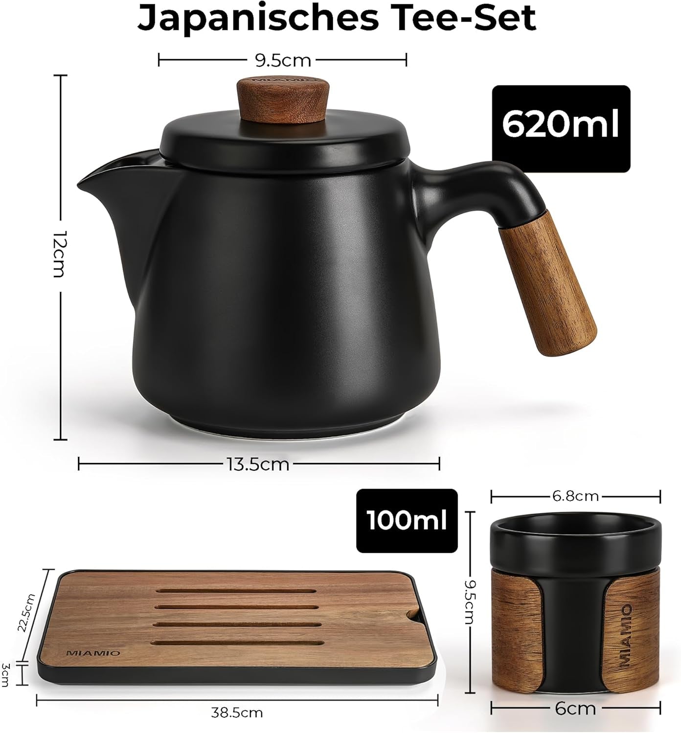 MIAMIO – Japanisches/chinesisches Tee-Set 6 x 100 ml/asiatische Teekanne 620 ml mit Tee-Ei, traditionelles japanisches Teekannen-Set für Teeliebhaber/Männer/Frauen (schwarz)