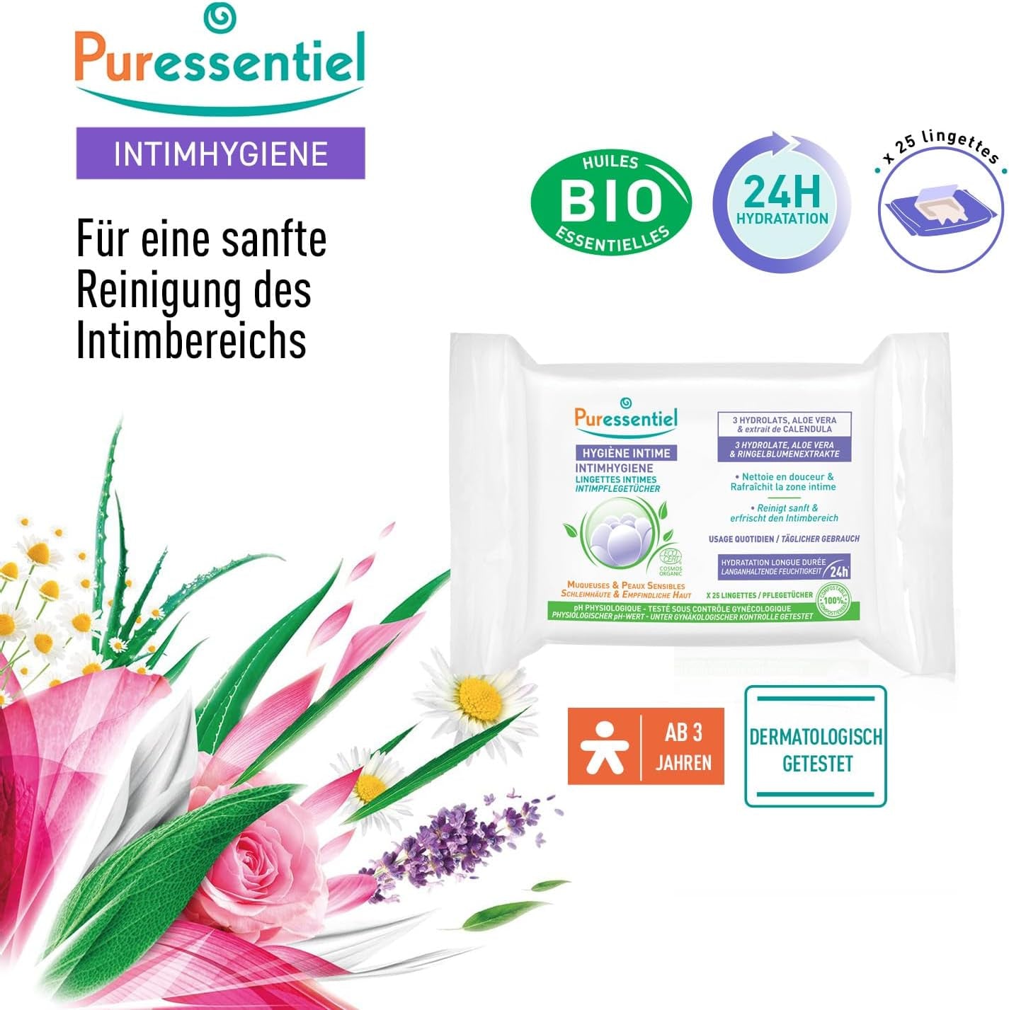 Puressentiel - Intimhygiene - Intimtücher - Reinigend und erfrischend - Empfindliche Schleimhäute und Haut - Langanhaltende Feuchtigkeitsversorgung 24 Stunden - Für den täglichen Gebrauch - X25 Stck.