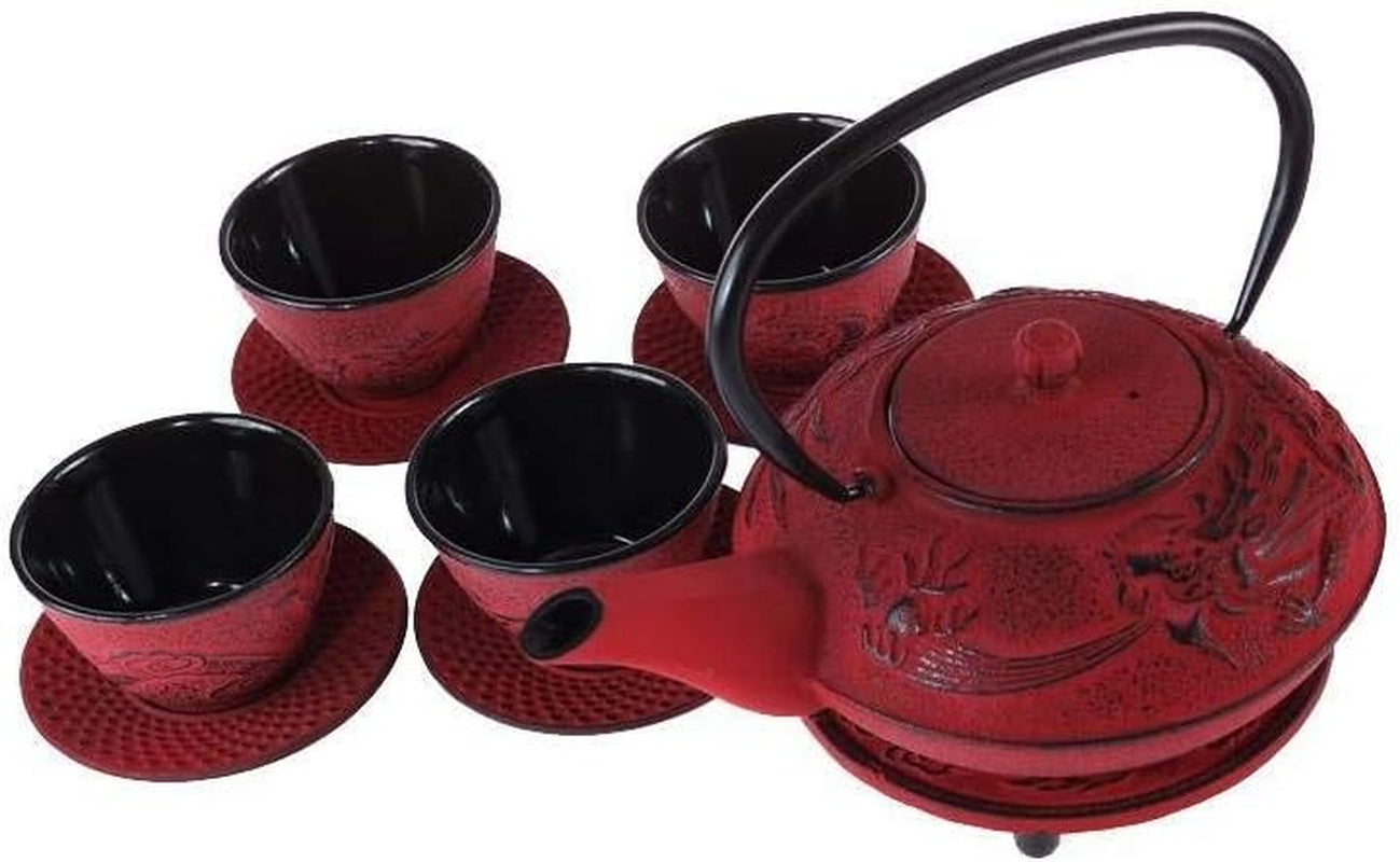 – Chinesisches Drachen-Teeservice – 1 Teekanne, 4 Tassen aus Gusseisen und Teesieb – Fassungsvermögen 0,8 l – japanisches asiatisches Dekor – Geschenkidee für japanisches Geschirr – Farbe Rot