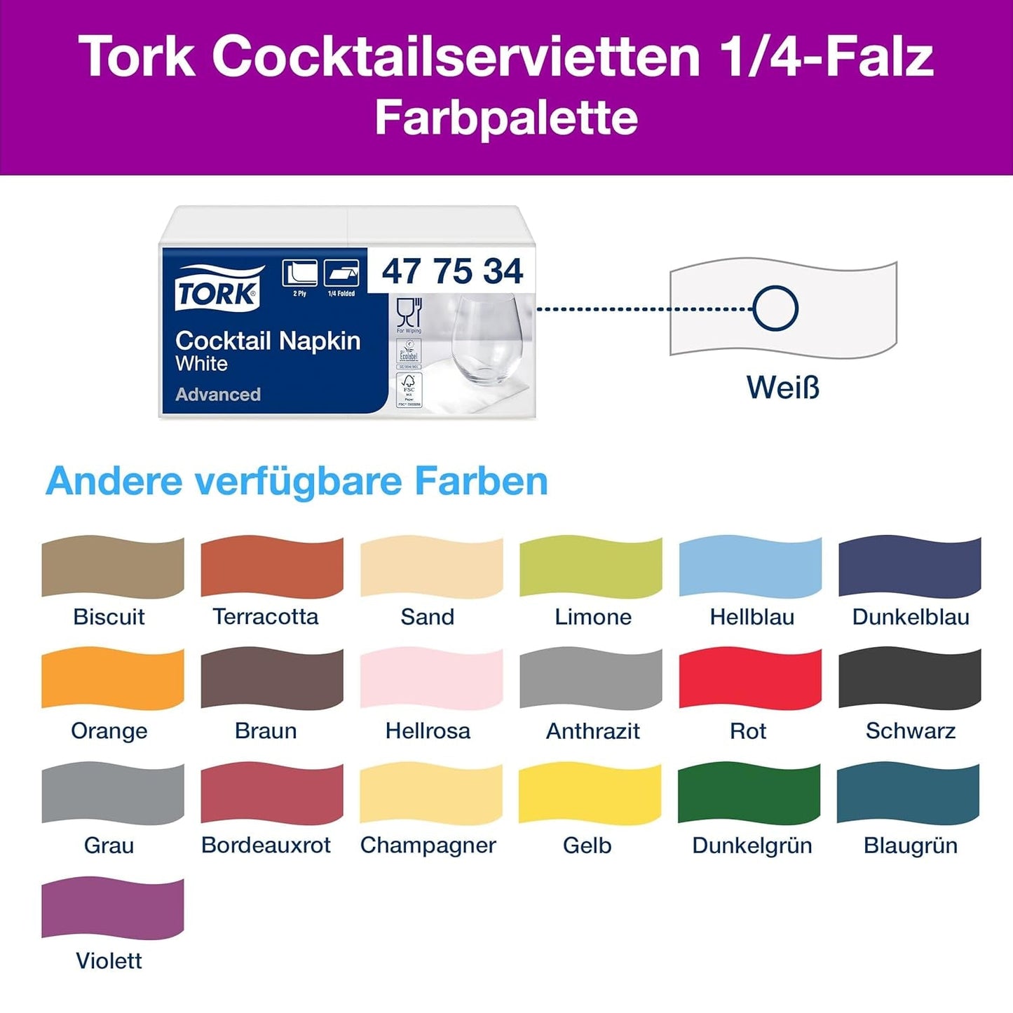 Tork Cocktail White Servietten, 1/4-Faltung, 2-lagig, 24 cm × 24 cm, 200 Servietten, 477534