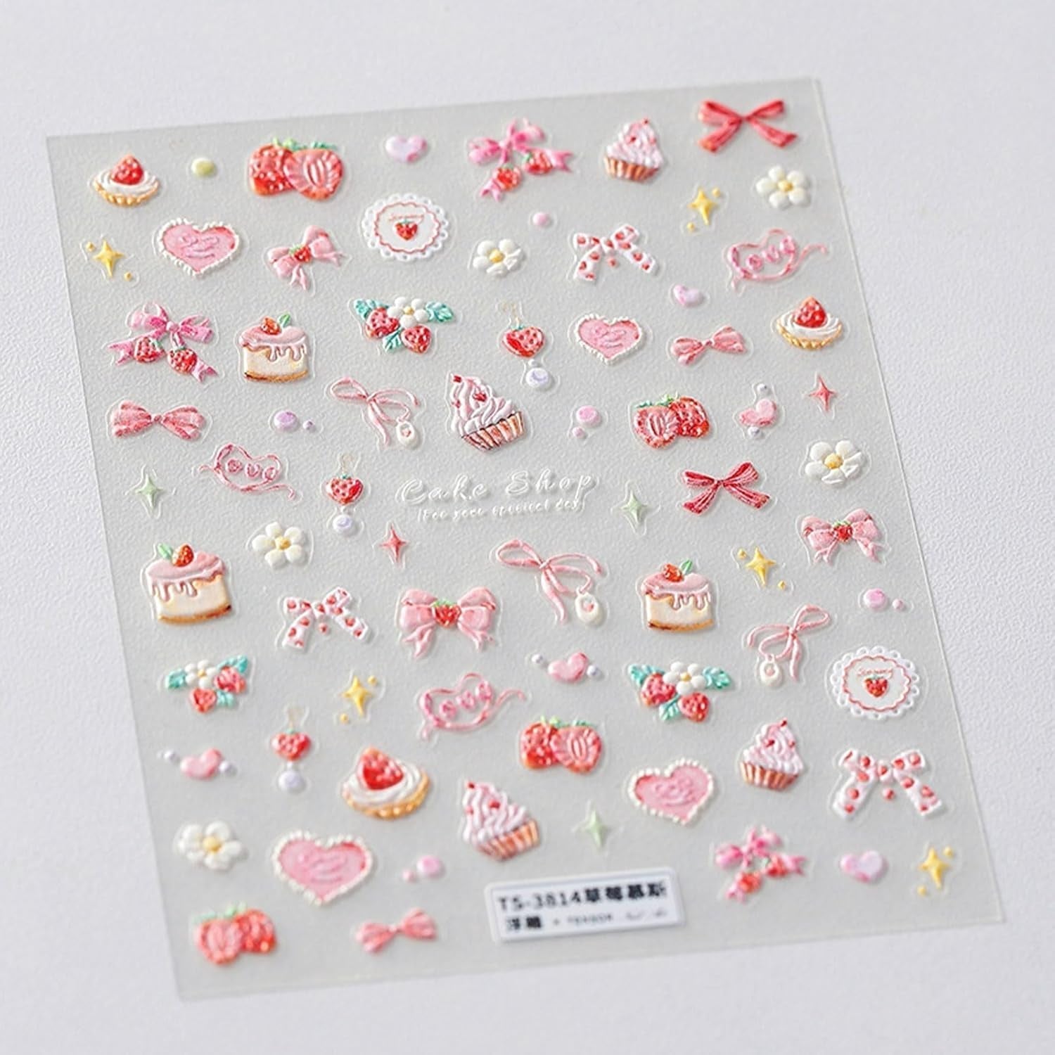 JMEOWIO 3D Nagelsticker Rosa Nail Art Sticker Selbstklebend Nagelaufkleber 5D Stereoskopisch Kuchen Erdbeerschleife Dekoration Nageldesign Zubehör 1 Blatt