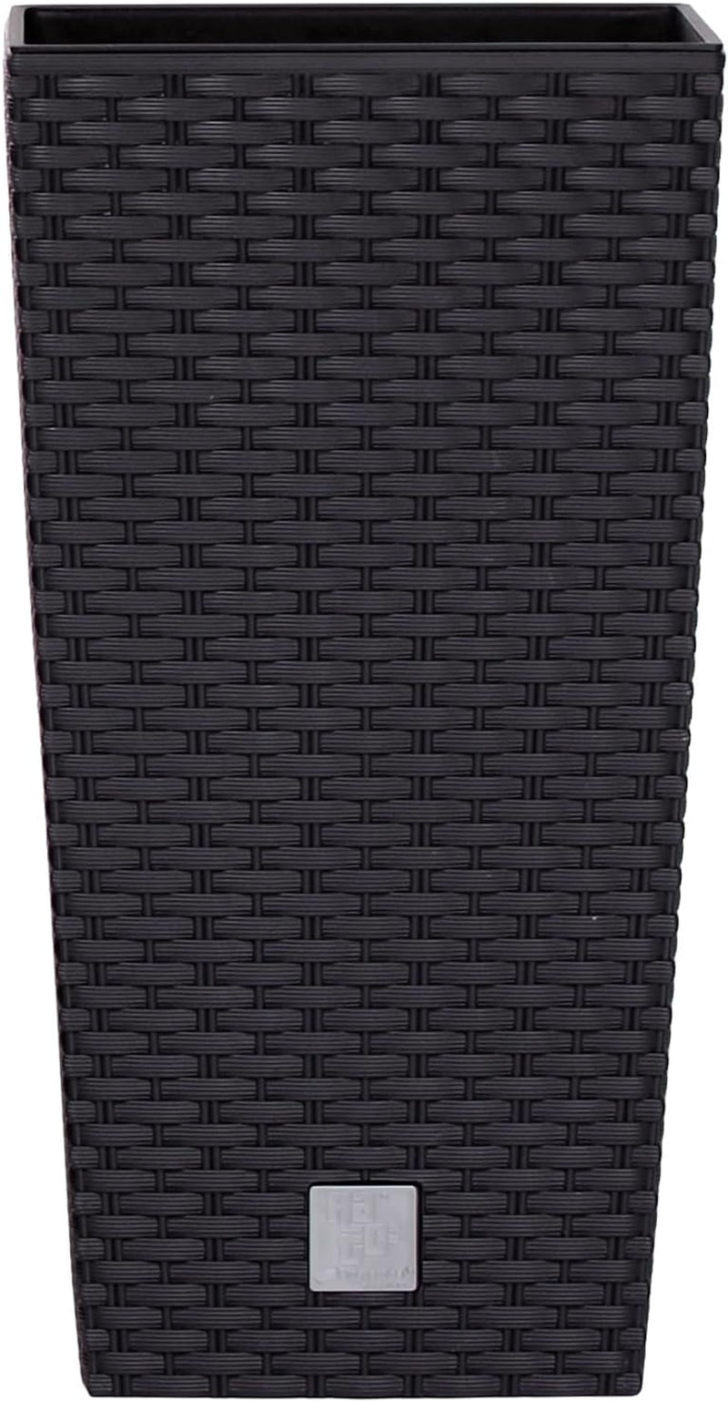 Prosperplast Rattan-Optik-Töpfe/Töpfe mit Einsatz | 26,5 x 26,5 x 50 cm | Anthrazit | witterungs- und UV-beständig | aus stabilem Kunststoff | für innen und außen