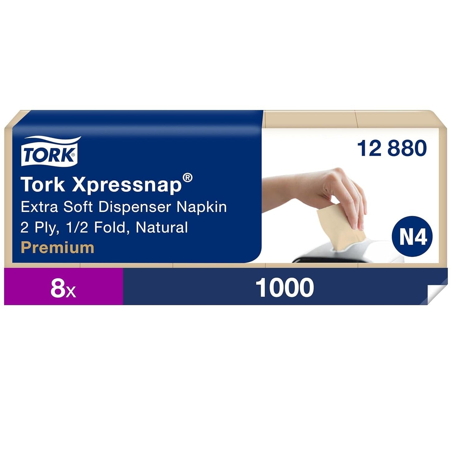 Tork Xpressnap Extra Soft Nature N4 Spenderserviette, Premium, 1/2 x 2-lagig, 21,3 cm x 16,5 cm, 8 × 1.000 Servietten, 12880