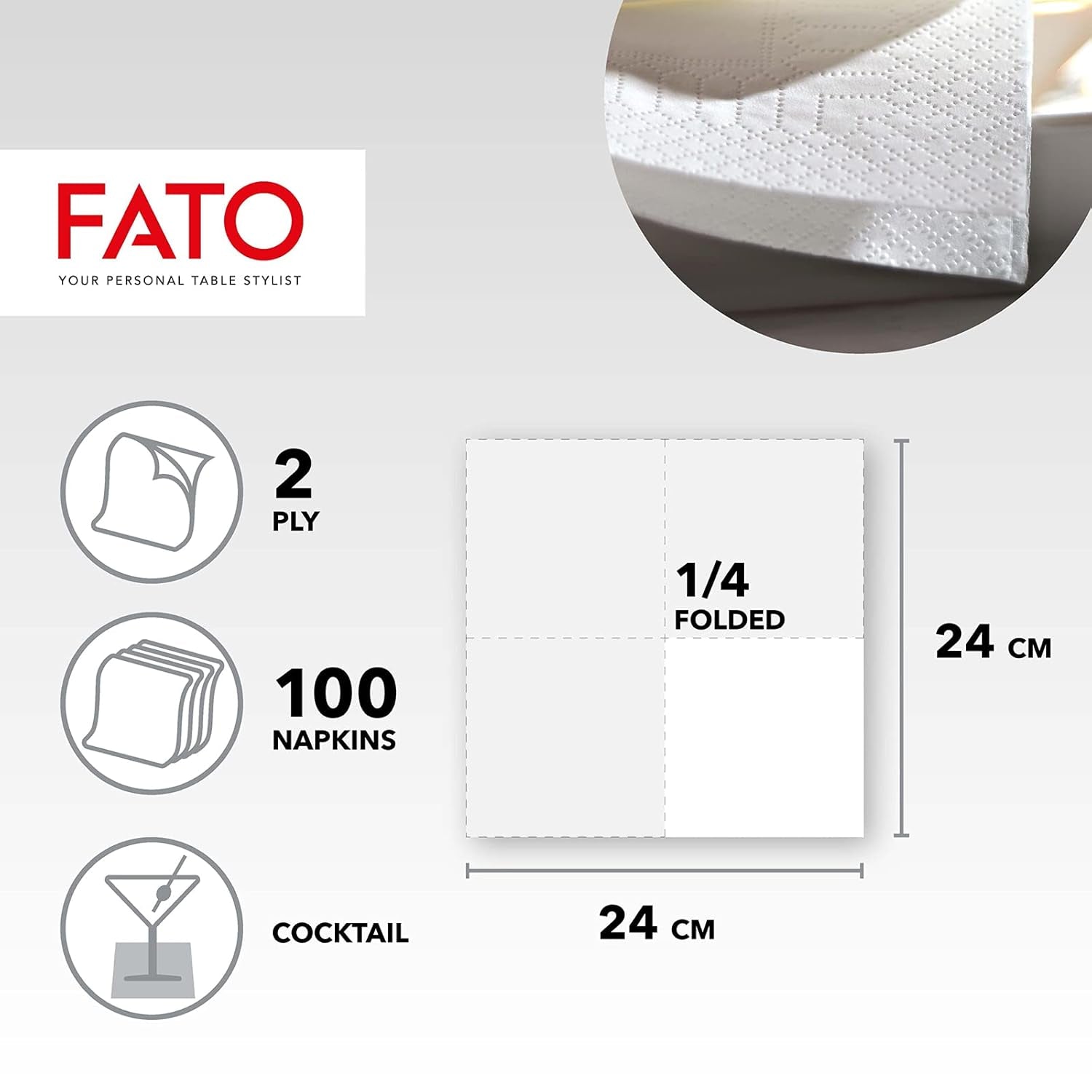 , Einweg-Papierservietten, ideal für Vorspeisen und Cocktails, Packung mit 100 Servietten, Größe 24 x 24, 4-fach gefaltet, 2-lagig, weiß, 100 % reines Zellulosepapier, FSC-zertifiziert (6er-Pack)
