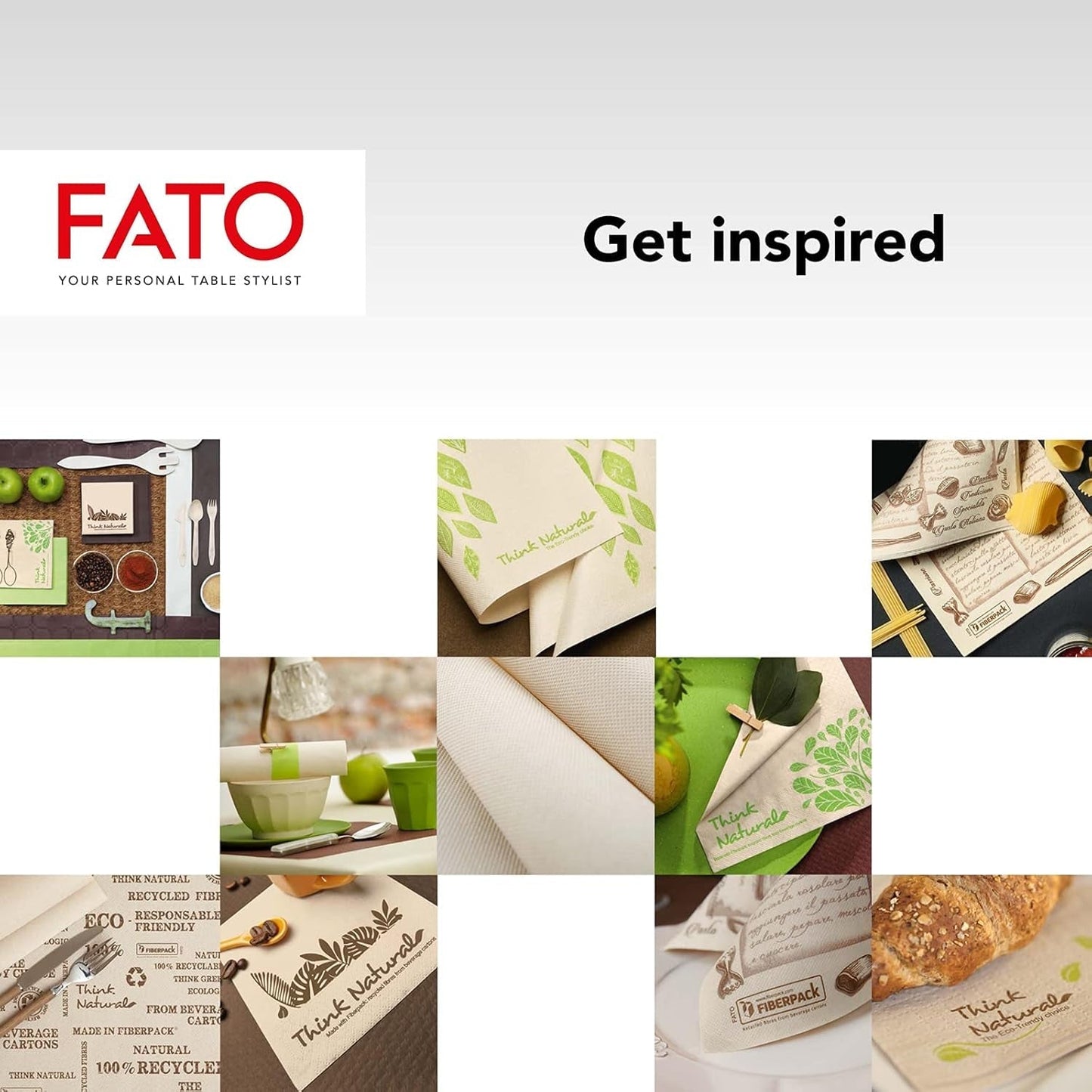 Fato – Natürliche 4-fach gefaltete Einweg-Papierservietten, umweltfreundlich, 40 Stück, Größe 38 x 38, 2-lagig, 100 % Recyclingpapier